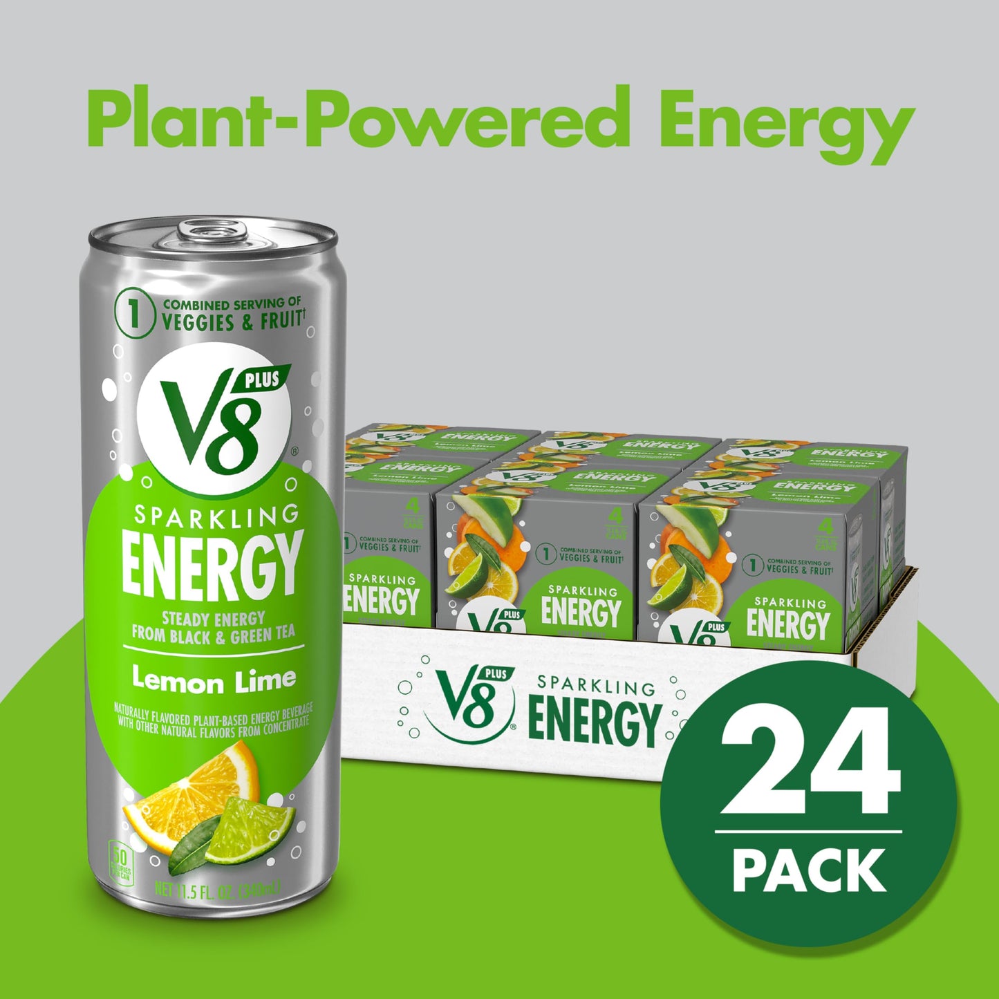 V8 +ENERGY Lemon Lime Energy Drink, 11.5 FL OZ Can, Pack of 24, Made with Real Juices, Model 200000027628