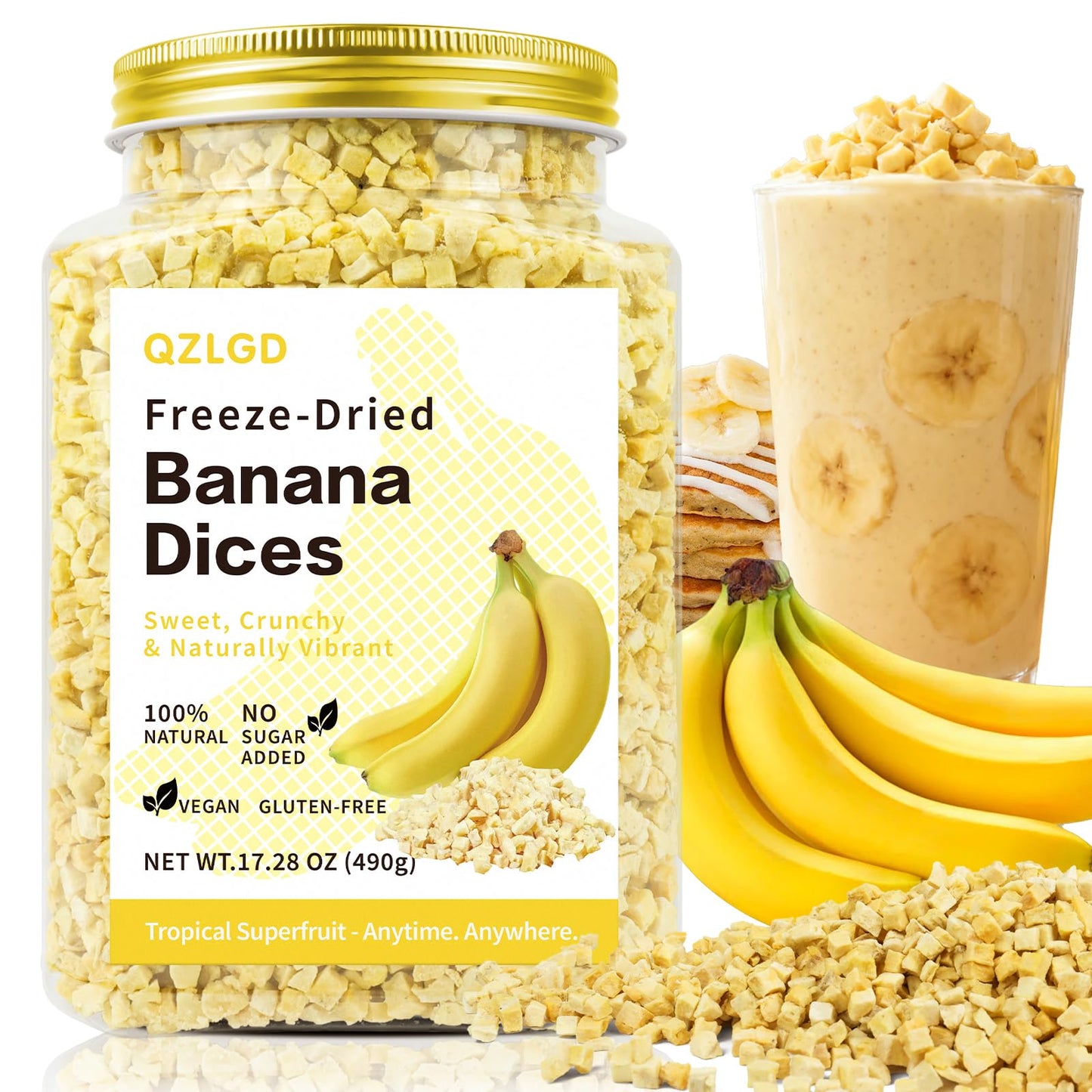 QZLGD Freeze Dried Bananas, Freeze Dried Fruit Banana Dices, 17.28oz/490g, No Added Sugar, Crunchy Fruit Snack, for Baking or Ad