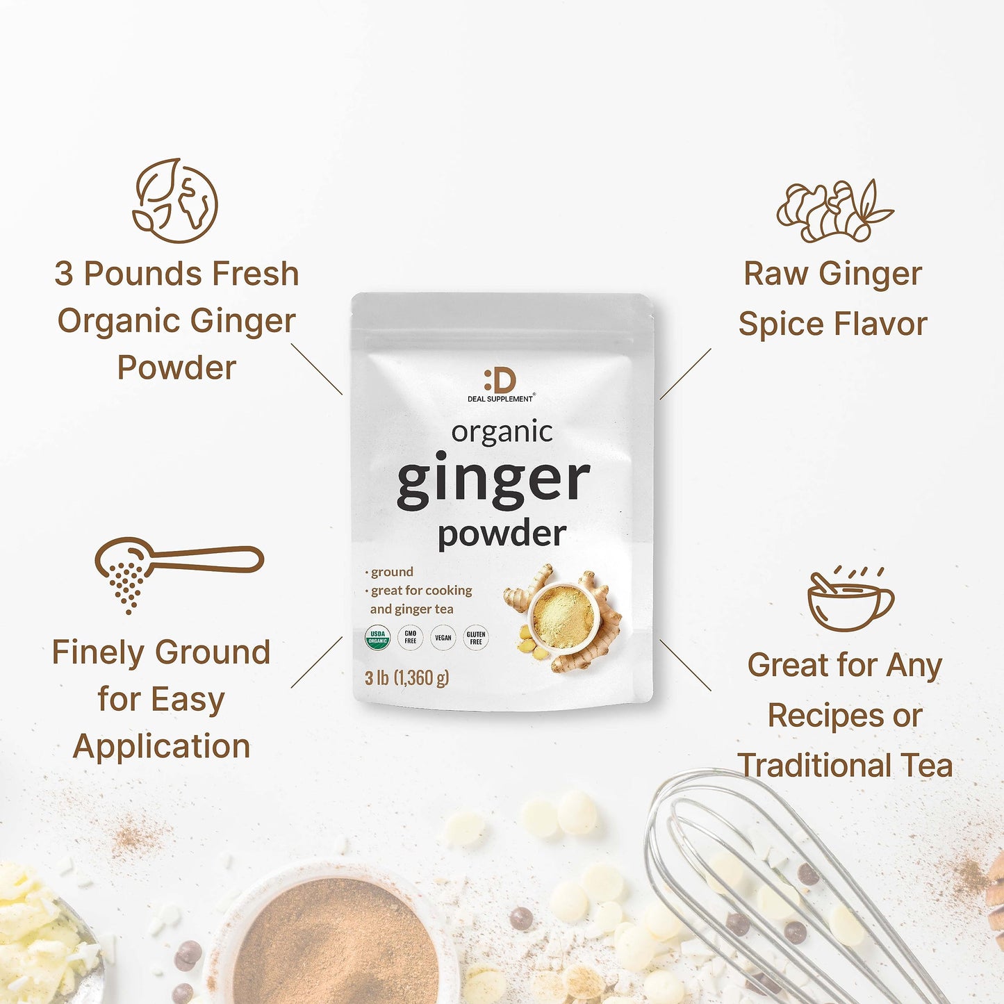 DEAL dietary product Organic Ginger Powder, Finely Ground, 3lbs, Non-GMO, Indian Origin