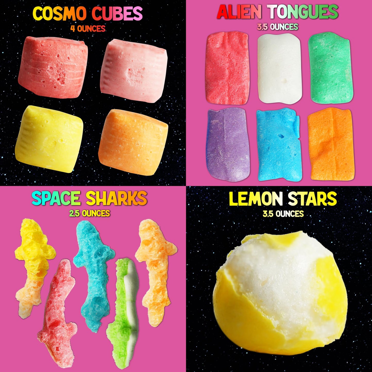 Space Age Snacks UFO Pack - 9 Premium Freeze Dried Candies - Cosmic Crunchies, Moon Clouds, Space Sharks, Alien Tongues, Lemon Stars