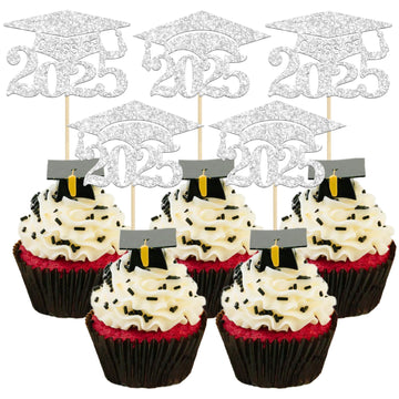 Gyufise 24 Pack 2025 Graduation Cap Cupcake Toppers 2025 Silver Glitter Class of 2025 Cupcake Picks 2025 Graduation Theme Party 