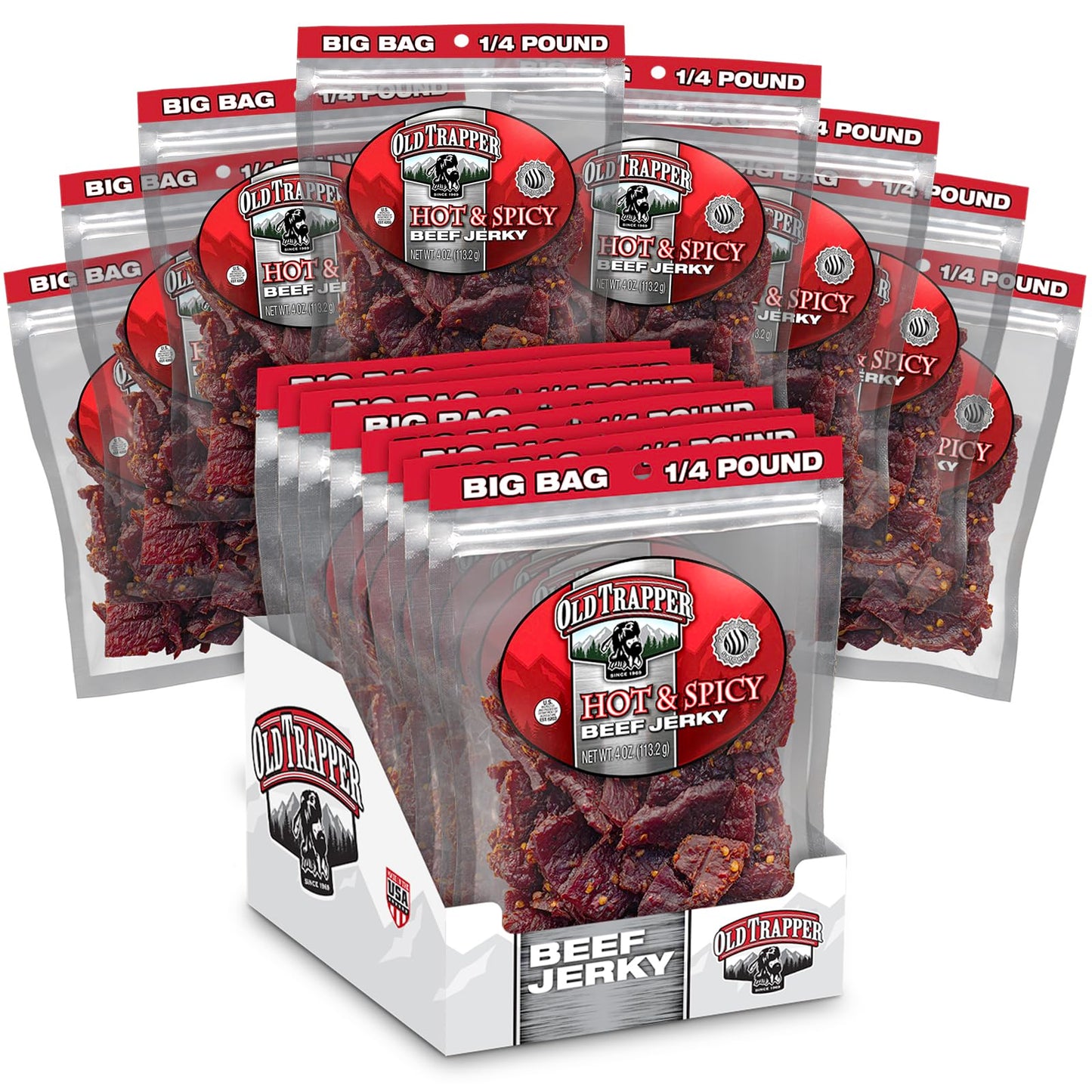 Old Trapper Beef Jerky, Hot & Spicy 1/4-Pound Individual Package, Savory And Spicy Meat Snacks For Lunches Or Between Meals, 11