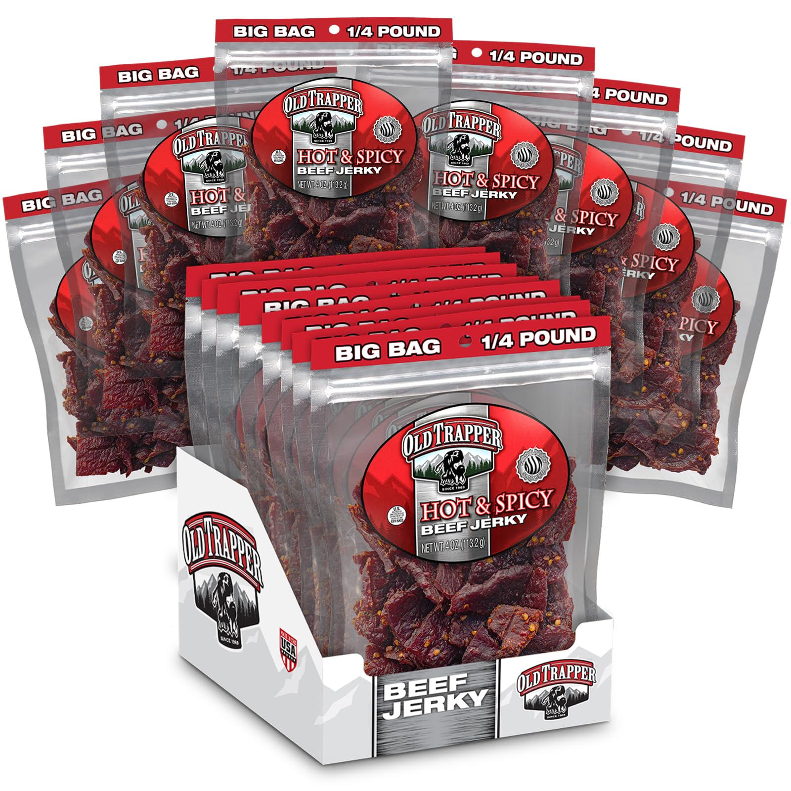 Old Trapper Beef Jerky, Hot & Spicy 1/4-Pound Individual Package, Savory And Spicy Meat Snacks For Lunches Or Between Meals, 11