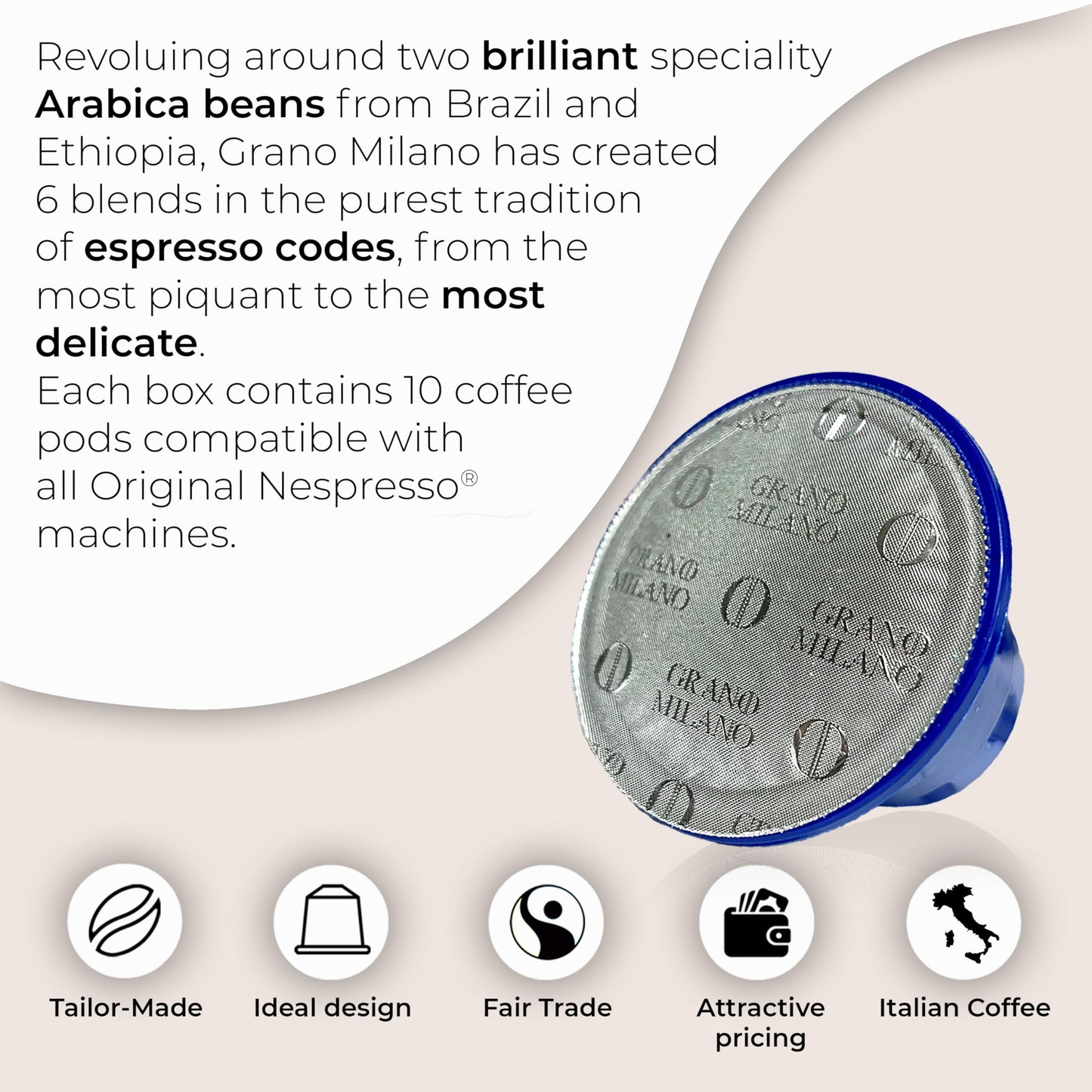 Grano Milano Espresso Pods - Dark Roast, Intensity 11, Compatible with Nespresso Original, 50 Count