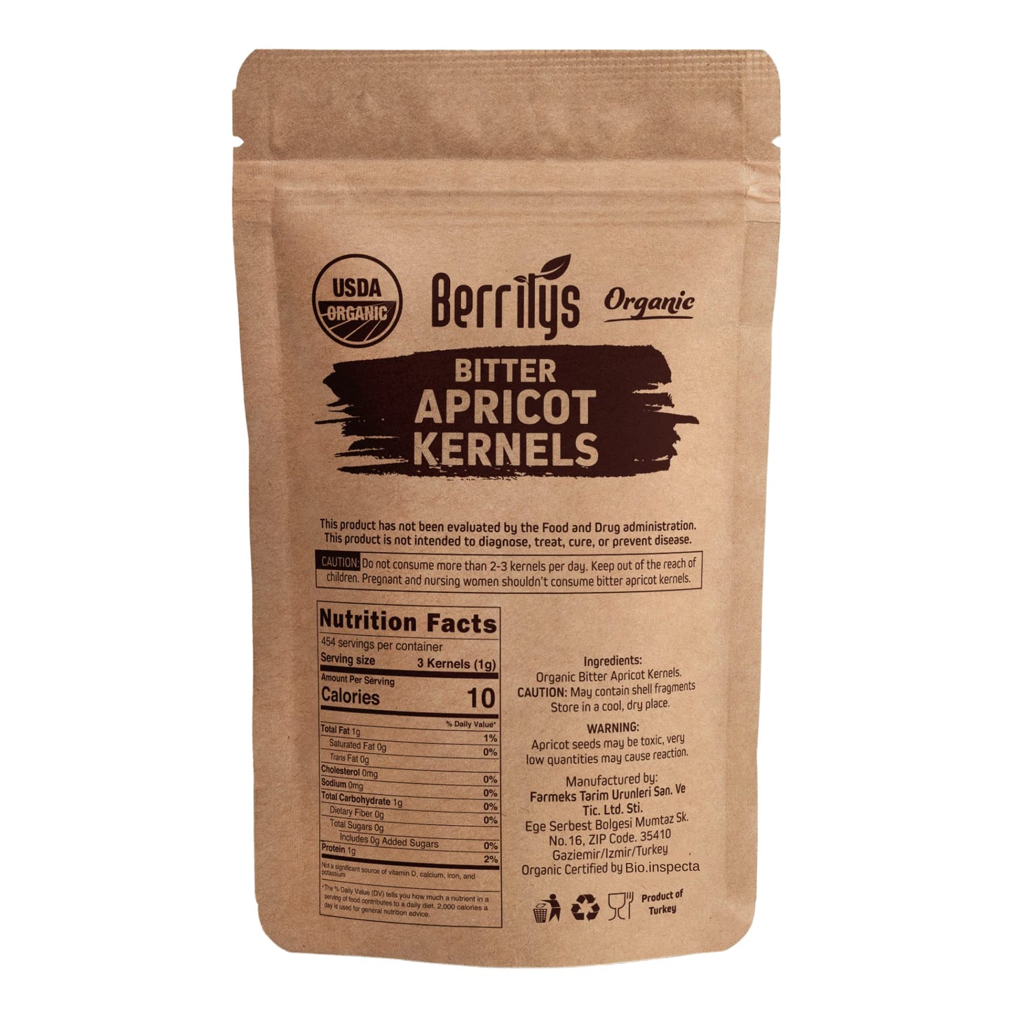Berrilys Organic Bitter Apricot Kernels - Usda Certified Organic Bitter Apricot Seeds - Natural & Non-Gmo, Enhanced Quality Kernals, No Sulfur Or Additives - 16 Oz