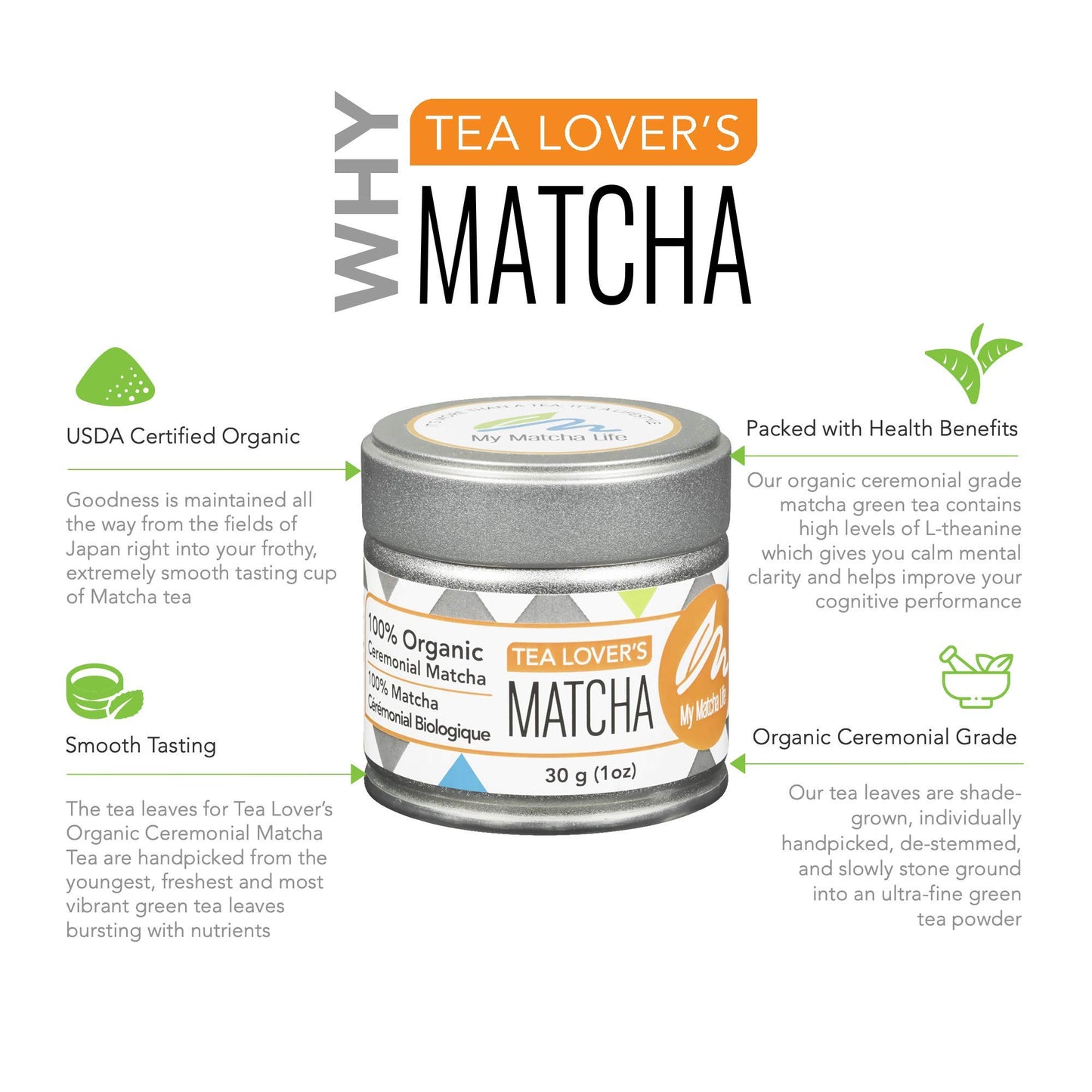 My Matcha Life (1Oz) Tea Lovers Ceremonial Grade Japanese Matcha Vibrant Powder Smooth & Fresh Taste - Calm & Cognitive Improvement - Rich In Nutrients & Antioxidants Vegan, Gluten Free, Organic