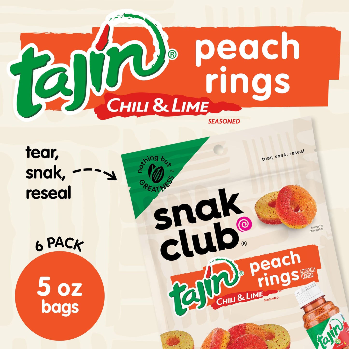 Snak Club Tajin Peach Rings, Sweet and Spicy Gummy Snacks, 5oz Resealable Bag, 6 Count