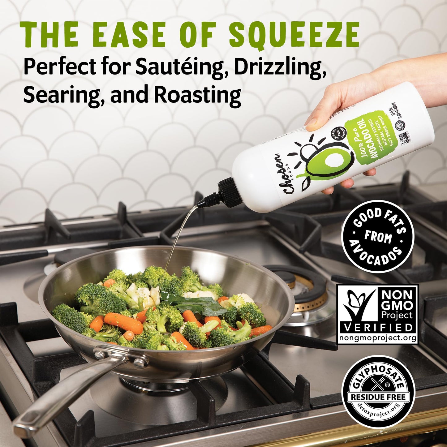 Chosen Foods 100% Pure Avocado Oil Squeeze Bottle 27Oz 2-Pack - For Drizzling, Saut  Ing, Roasting, Searing, & Baking-High Smoke