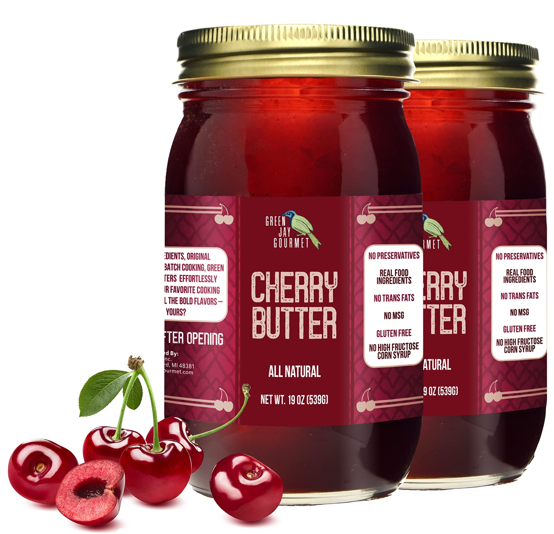 Green Jay Gourmet Cherry Butter - All-Natural, Gluten-Free Fruit Spread - Cherry Spread W/Vanilla & Spices - Gourmet Fruit Butte