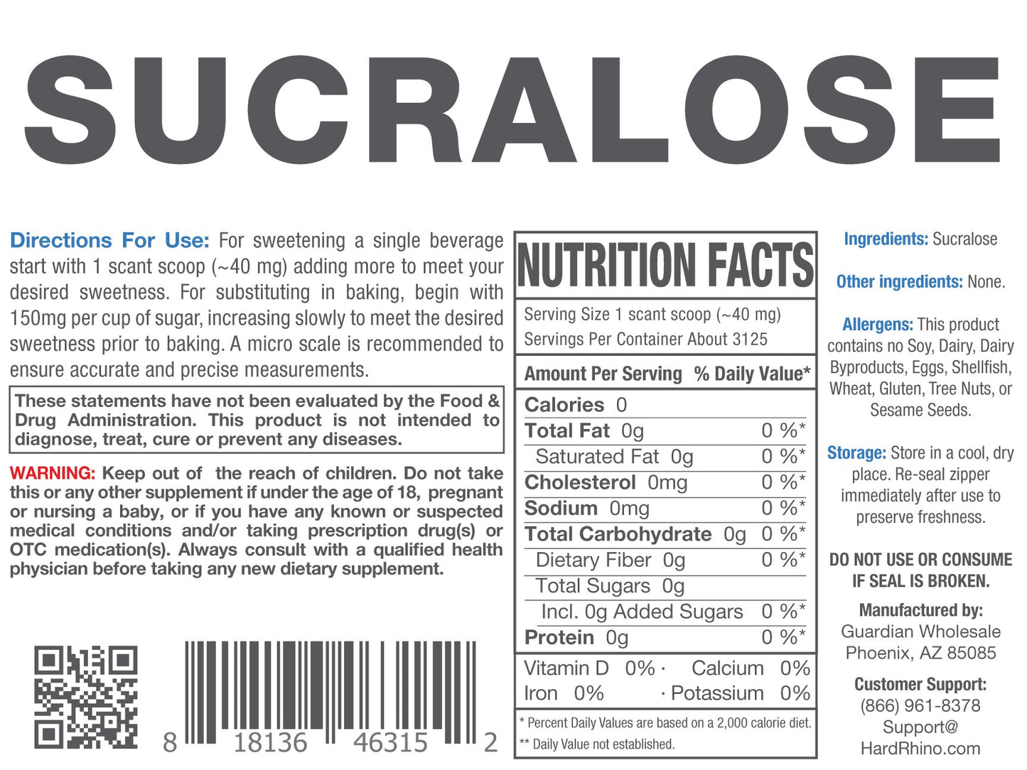 Hard Rhino Sucralose Powder - Zero Calorie Sweetener & Keto Sugar Substitute - 125 Grams (4.4 oz)