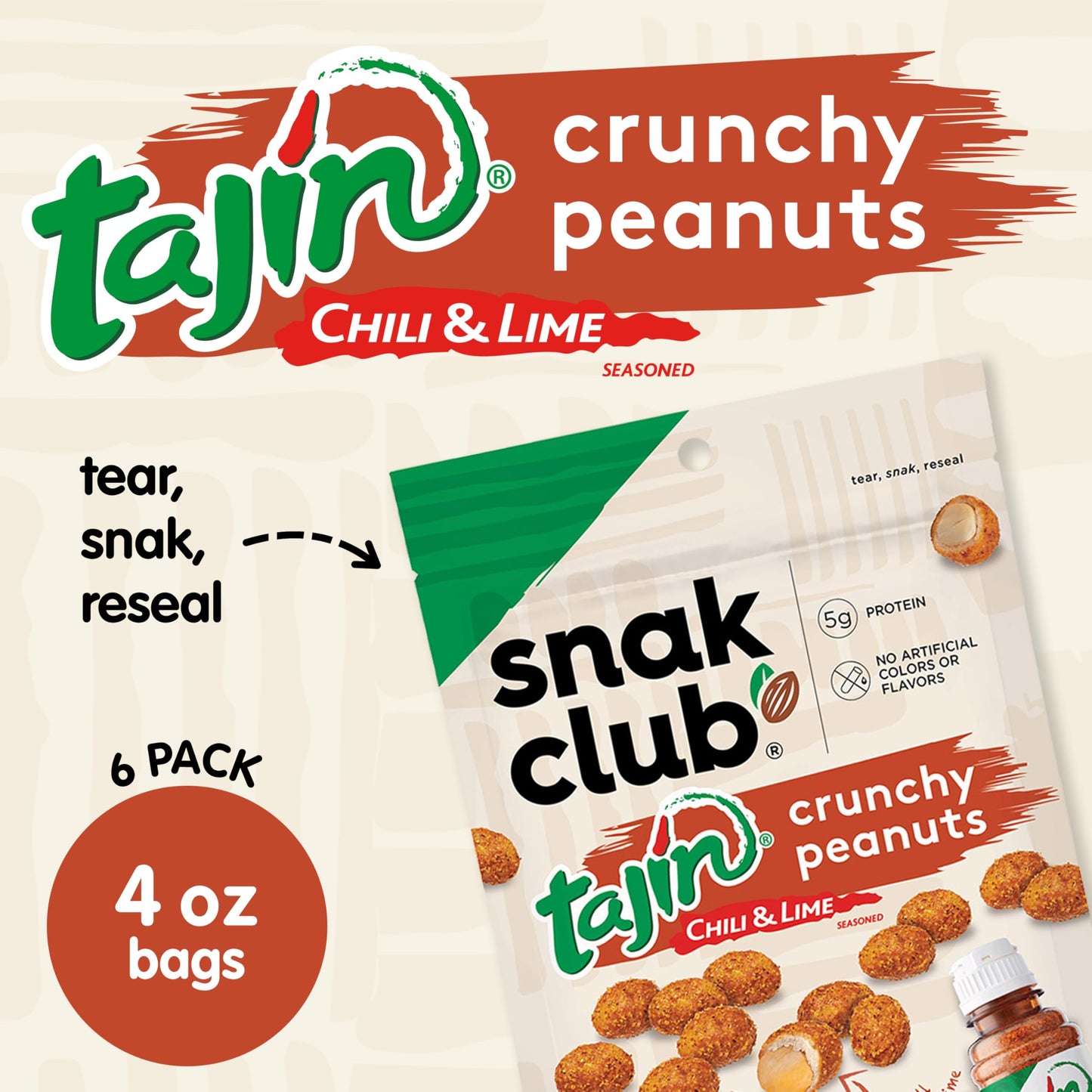Snak Club Tajin Crunchy Peanuts, Nuts with Chili and Lime Seasoning, Mild, No Artificial Colors or Flavors, 4 oz Resealable Bags