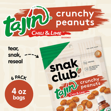 Snak Club Tajin Crunchy Peanuts, Nuts with Chili and Lime Seasoning, Mild, No Artificial Colors or Flavors, 4 oz Resealable Bags