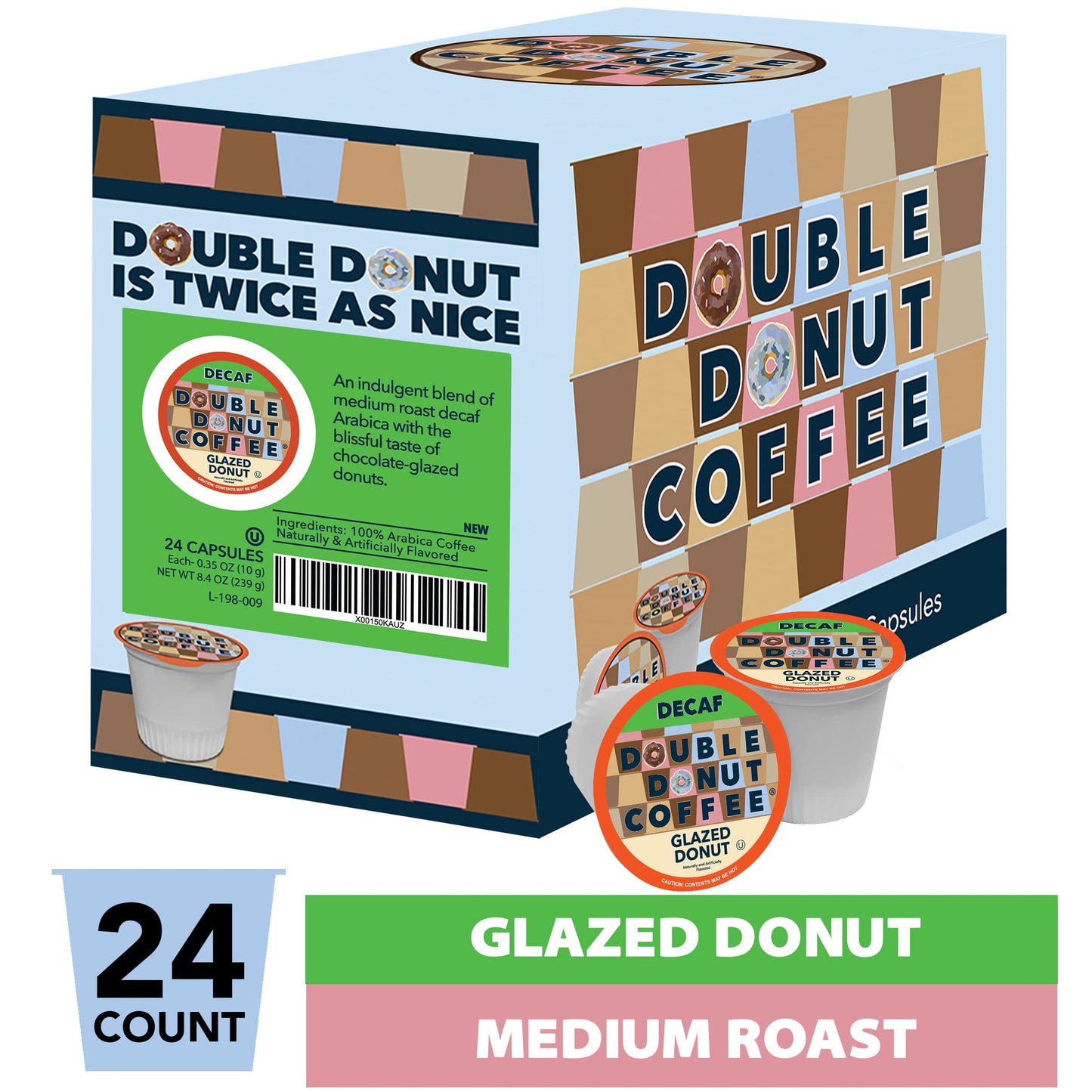 Double Donut Coffee Medium Roast Decaf Pods, Glazed Donut Flavor, 24 Count, for Keurig K-Cup Machines