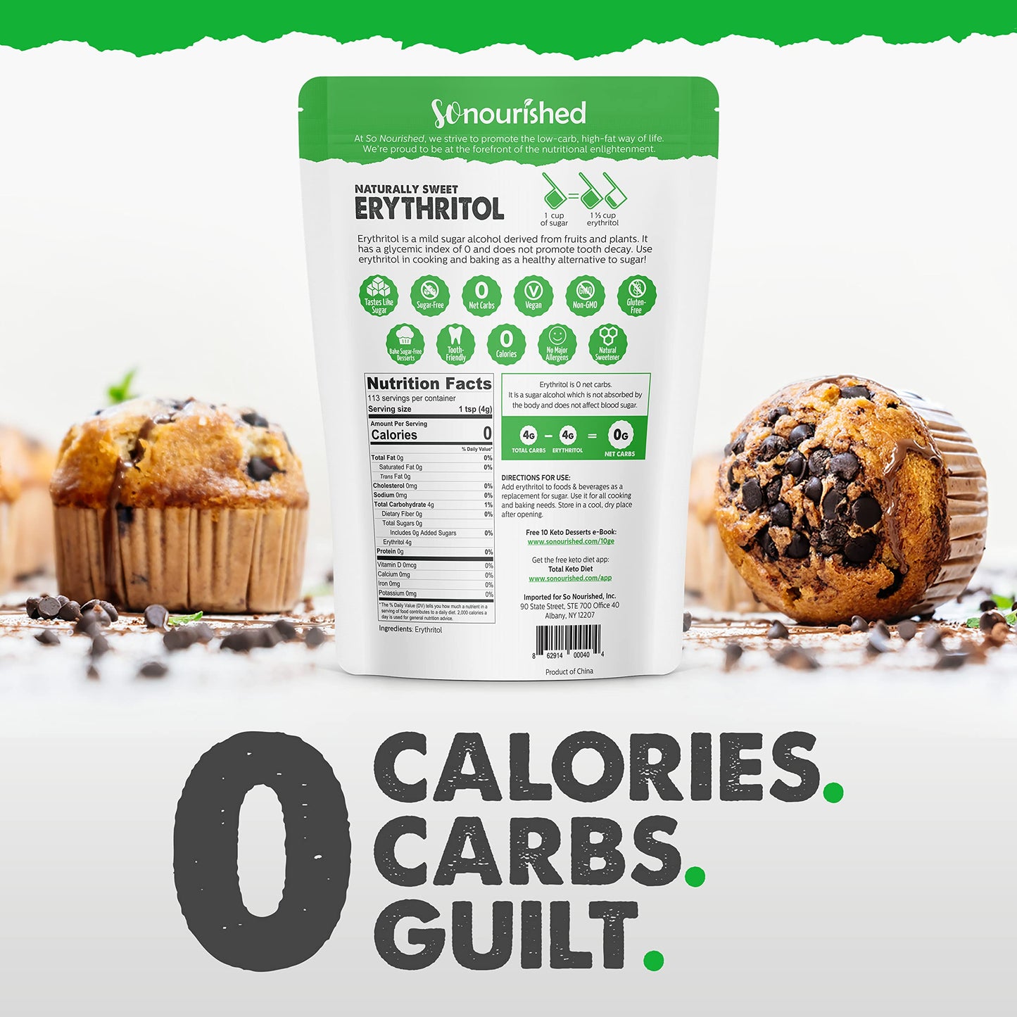 So Nourished Erythritol Sweetener - 1:1 Sugar Substitute, Keto, 0 Calorie, 40 oz