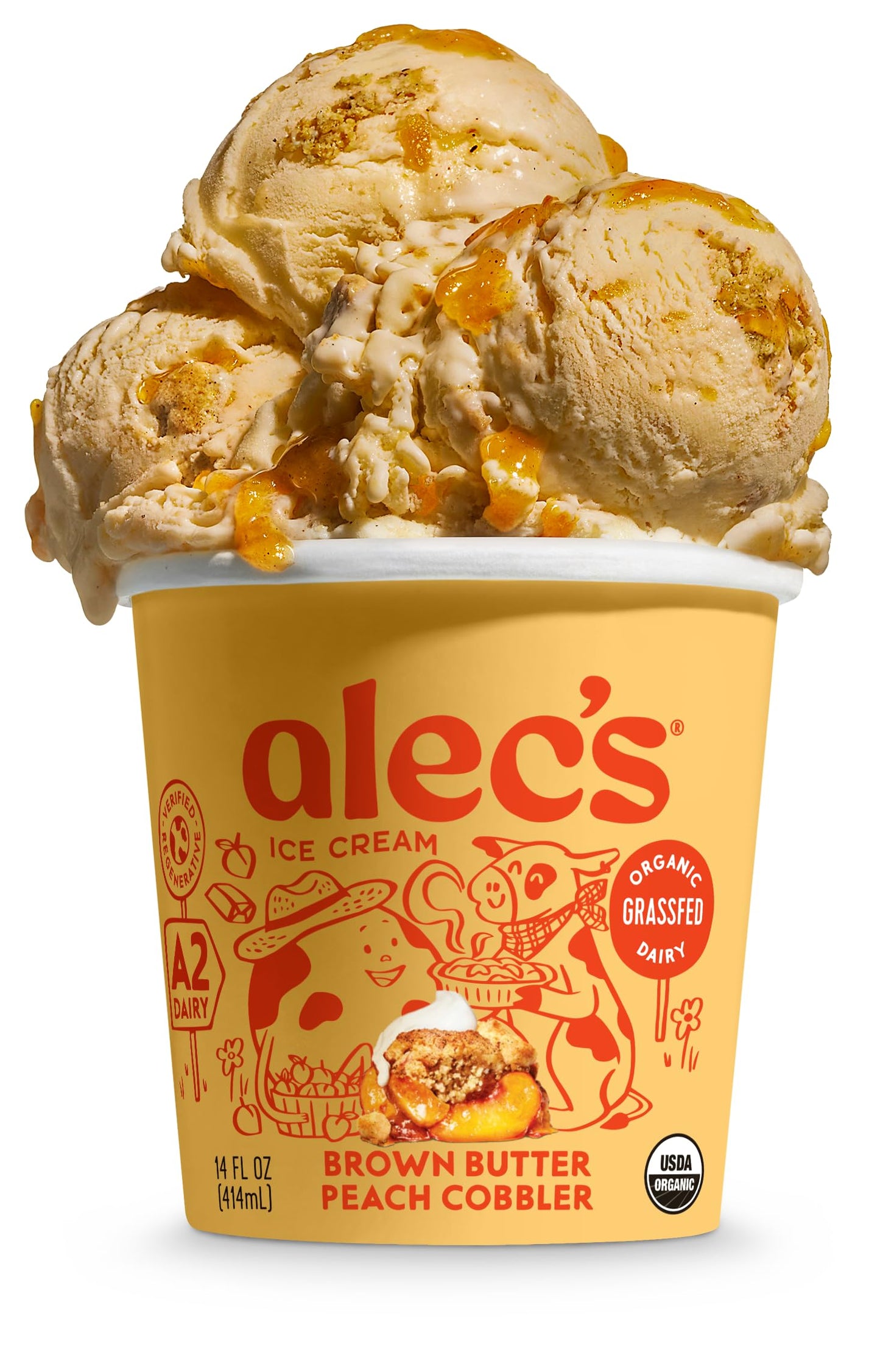 Alecs Brown Butter Peach Cobbler Organic Ice Cream - Grassfed, Regenerative A2 Dairy, 14 oz