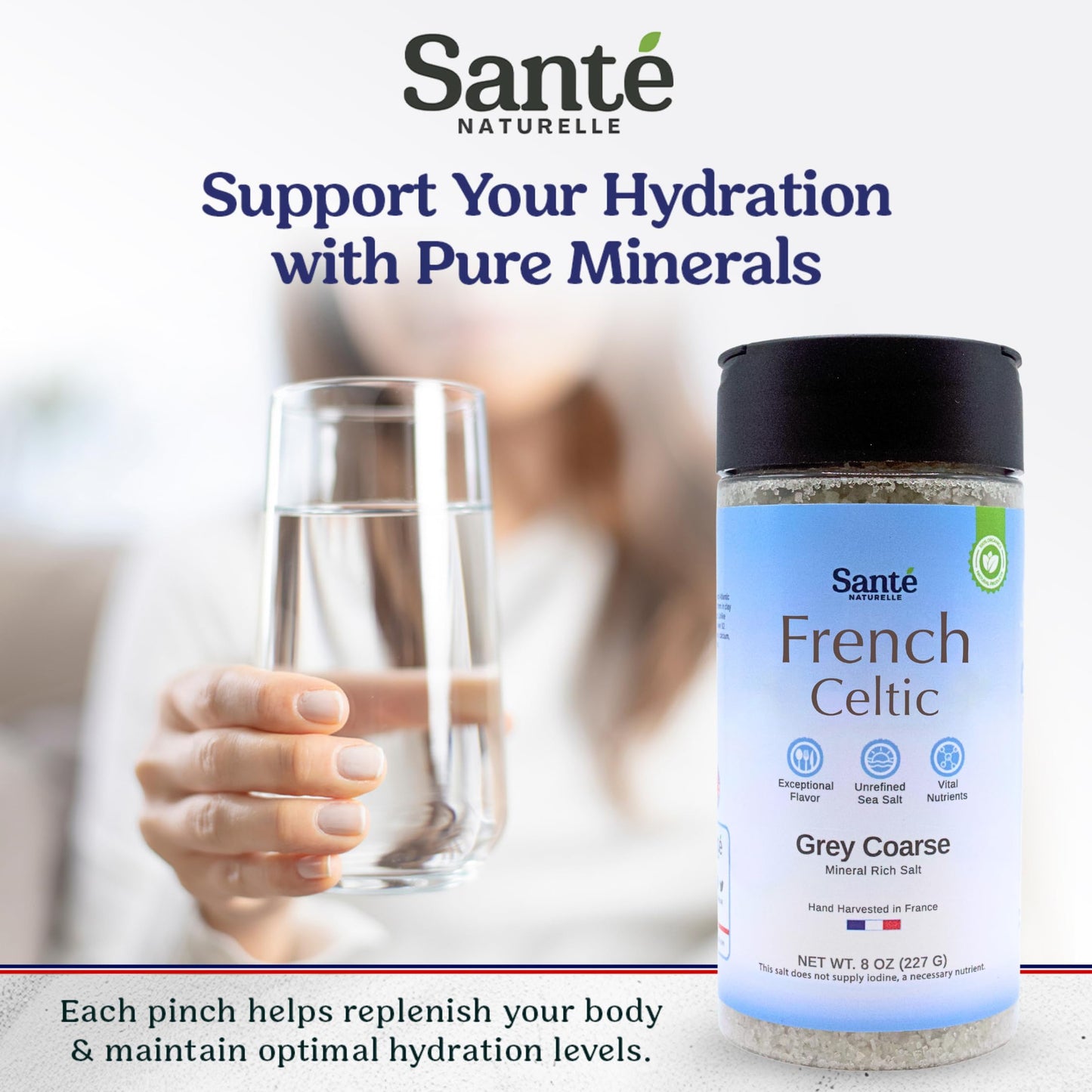 Sante Naturelle Celtic Salt Grey Coarse Sea Salt Shaker, 8 oz, Unrefined French Sea Salt, Rich in 82+ Minerals, 100% Natural
