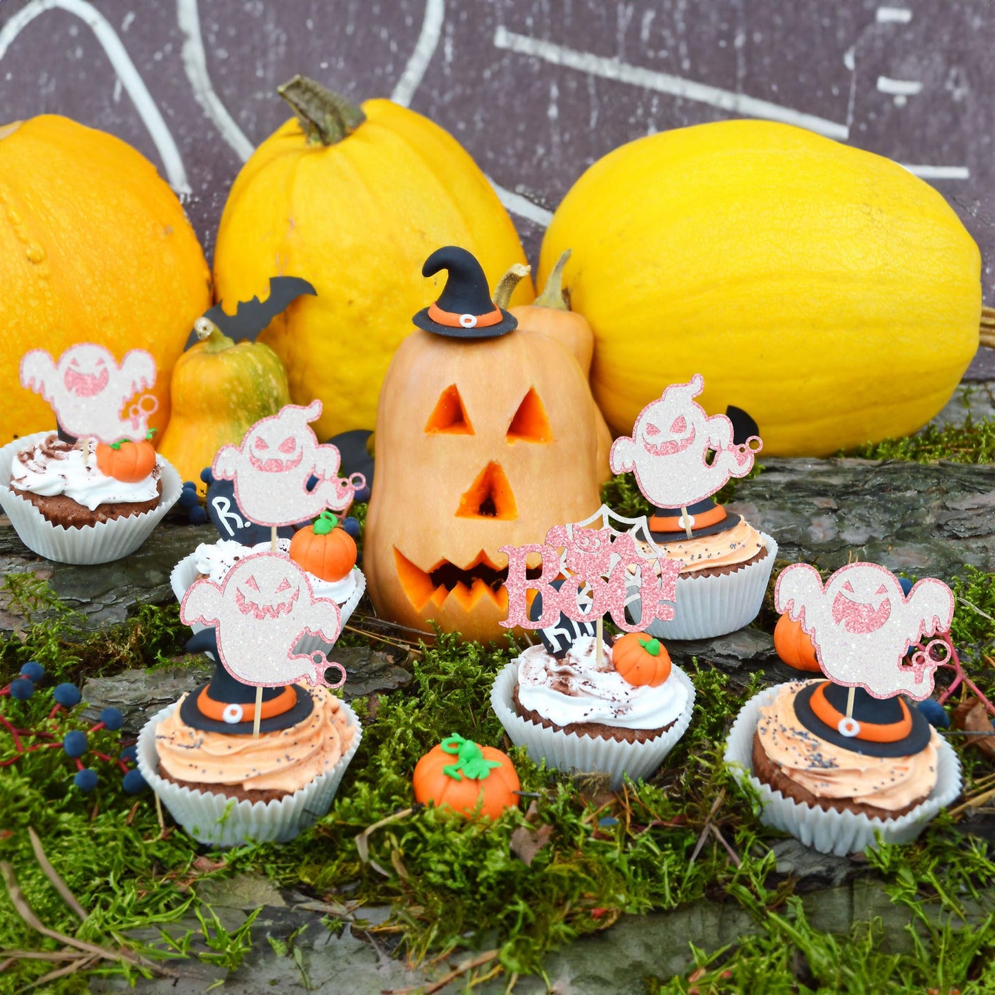 24Pcs Halloween Ghost Cupcake Toppers Pink Glitter Halloween Boo Cake Decorations Halloween Baby Shower Cake Picks For Halloween