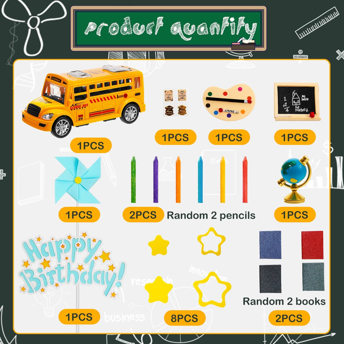 School Bus Cake Topper Back To School Star Pen Blackboard Book Blue Windmill Cake Toppers Happy Birthday Theme Cake Decor