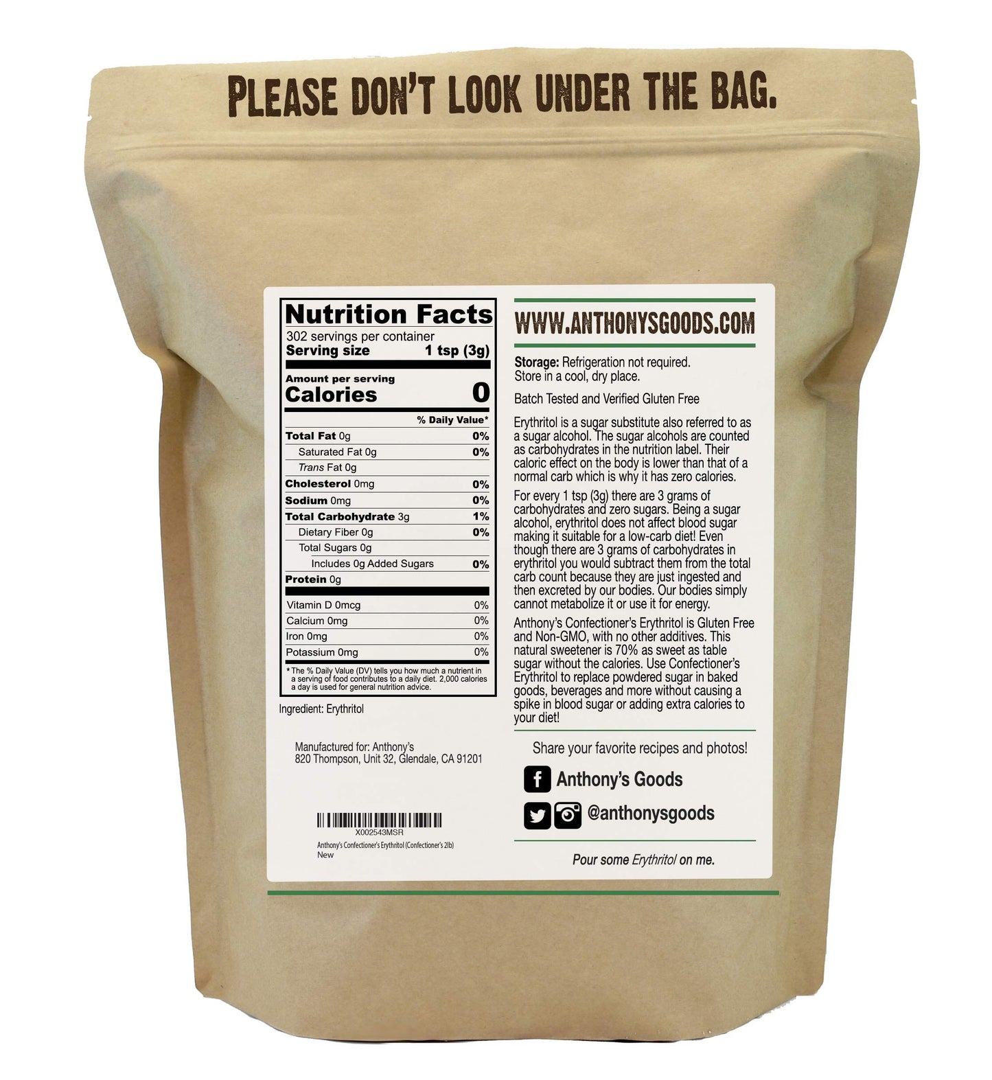 Anthonys Erythritol Powder Sweetener, Non GMO, Zero Calorie, 32 Ounce