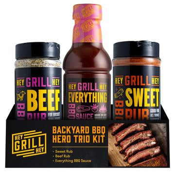 Hey Grill Hey | BBQ Seasoning and Barbeque Sauce Gift Set | Seasoning Set | Beef Rub, Sweet Rub, Everything Barbecue Sauce | Bac