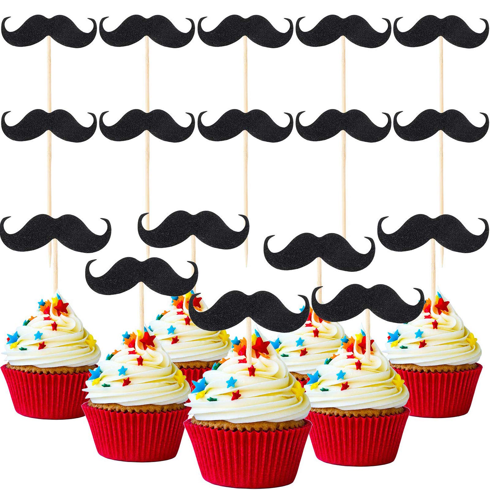 50 Pieces Mustache Cupcake Toppers Mustache Birthday Cake Topper Black Glitter Mustache Dessert Toppers For Baby Shower Kid'S Bi