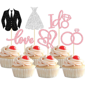 Gyufise 24Pcs Wedding Cupcake Toppers Glitter Groom And Bride Cupcake Picks Love I Do Ring Heart Cake Decorations For Bridal Sho