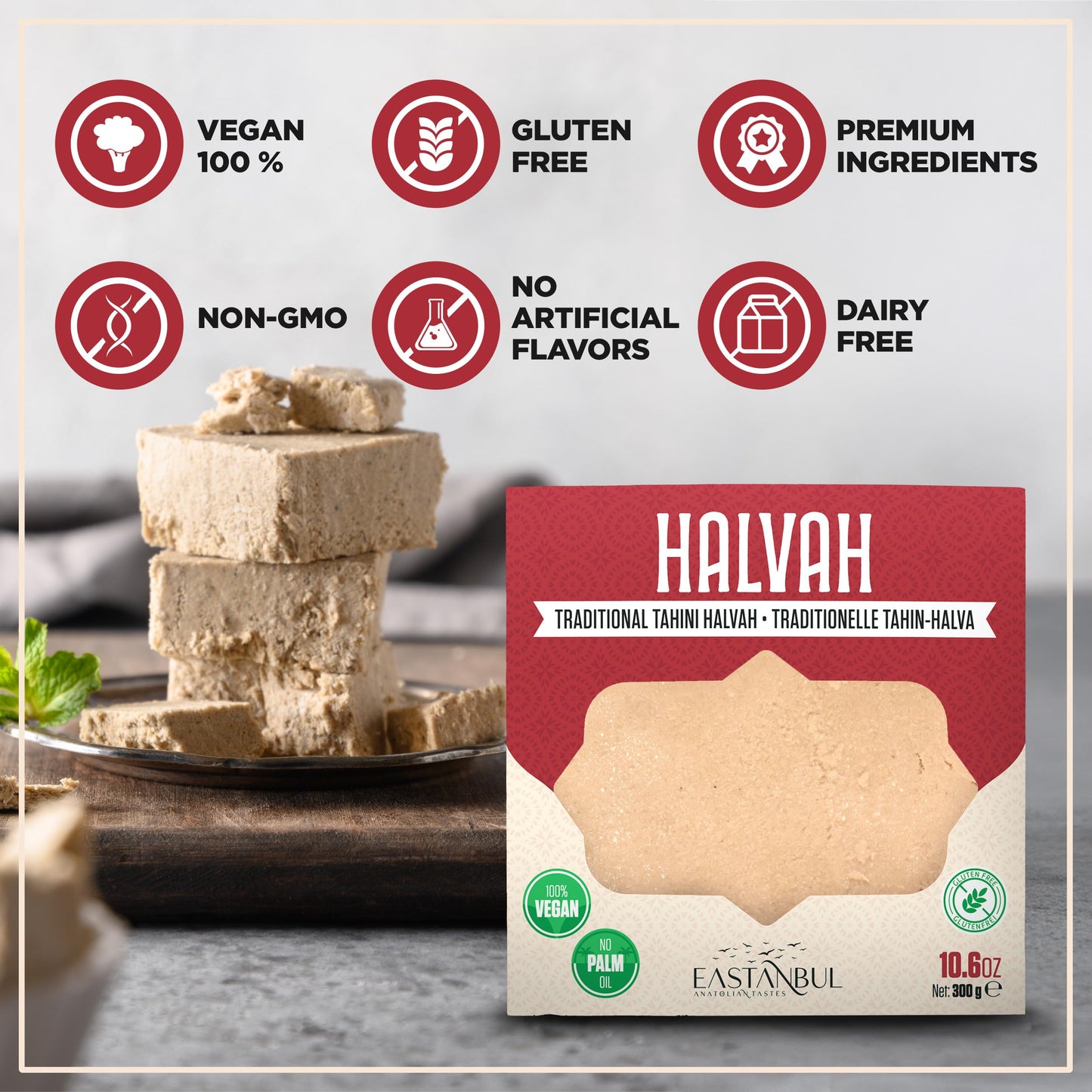 Eastanbul Halvah, 10.6Oz, Turkish Halva, Tahini Halva, Plain Tahini Halvah Candy, Traditional Sesame Dessert, Vegan, Gluten Free