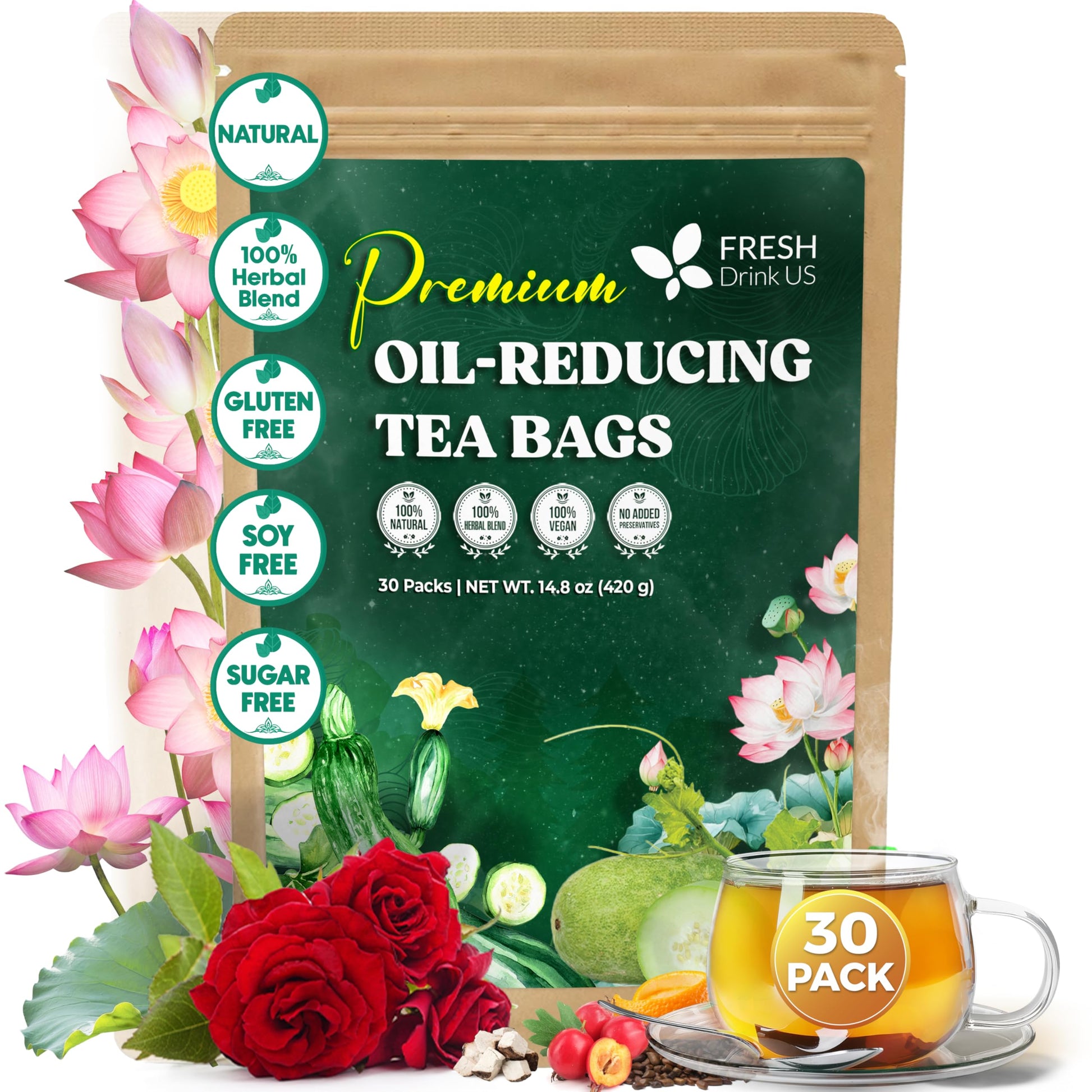 FRESHDRINKUS Oil Reducing Tea - 30 Packs, 10 Herbal Ingredients, 100% Natural, Easy Brewing