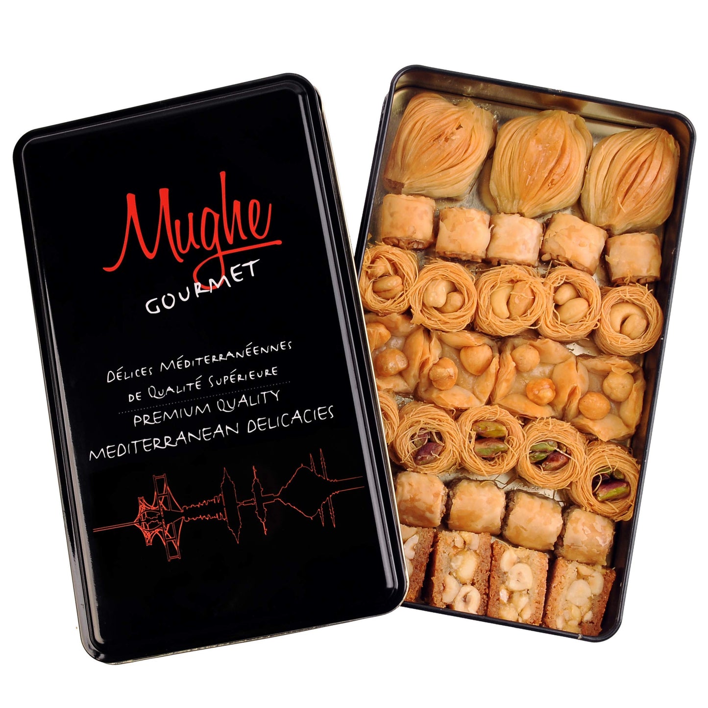 Mughe Gourmet Assorted Baklava Pastry Gift Elegant Tin Box - 500g 1.1lb 32 pcs - Turkish Pistachio, Almond, Walnut, Cashew, Haze