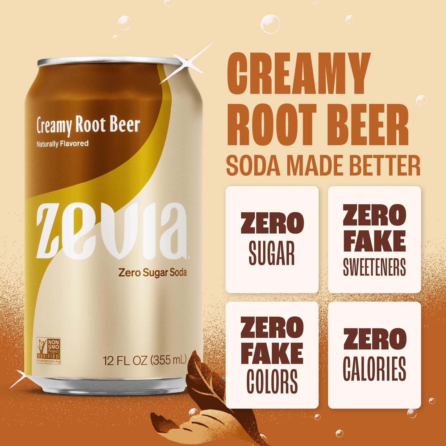 Zevia Zero Sugar Soda, Creamy Root Malt-Inspired, 12 Oz Cans (24-Pack) – Naturally Sweetened, Non-Gmo Project Verified, Gluten-Free, Vegan