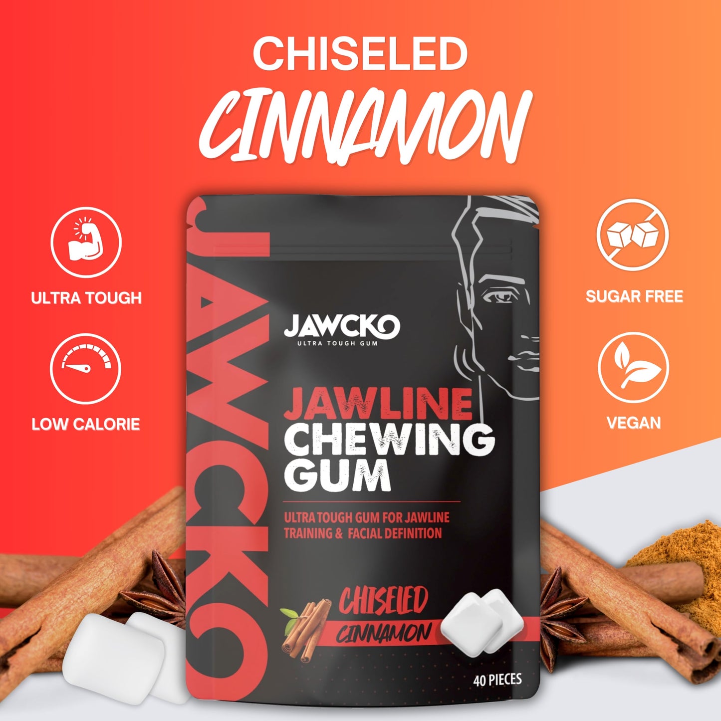 JAWCKO Ultra-Tough Jawline Chewing Gum | Cinnamon Flavor | 6-Pack | Red