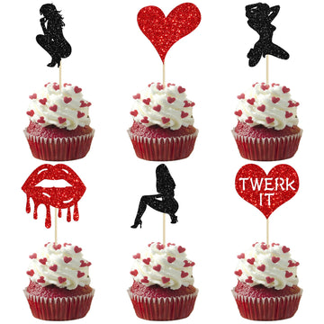 Gyufise 24 Pack Valentines Day Cupcake Toppers Glitter Bachelorette Party Twerk Heart Lipstick Cupcake Food Fruit Picks Bachelor