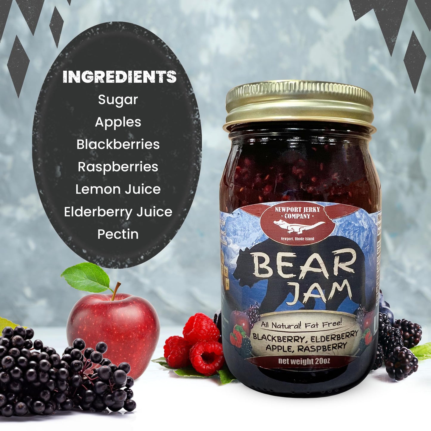 Newport Jerky Company Bear Jam - 16 Oz All-Natural Fruit Spread With Blackberries, Elderberries, Apples & Raspberries - Handmade