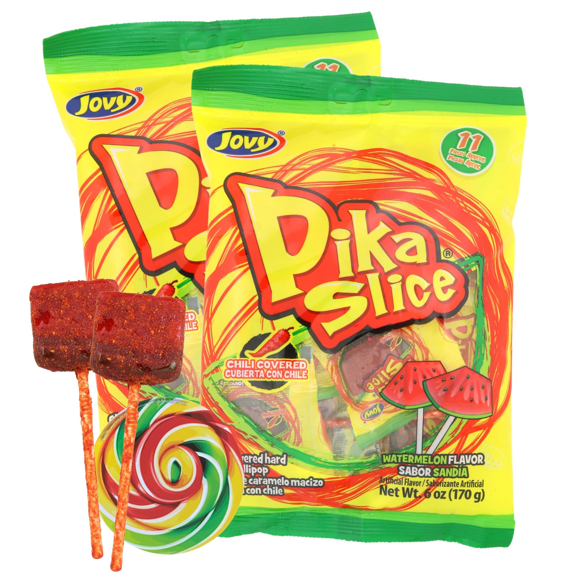 Watermelon Chili Lollipops, Individually Wrapped Mexican Suckers, Pinata Candy and Party Favors, Swirl Sticker Included, 6 Ounce
