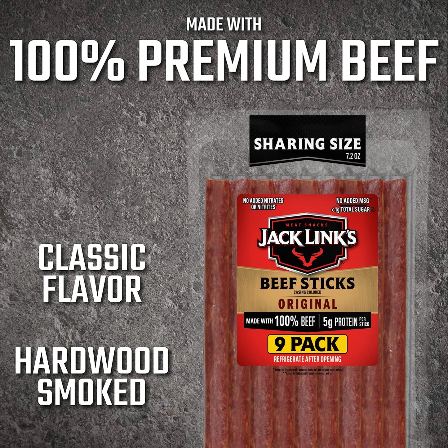 Jack Link's Beef Sticks, Original Protein Snack, 100% Beef, 7.2 Oz