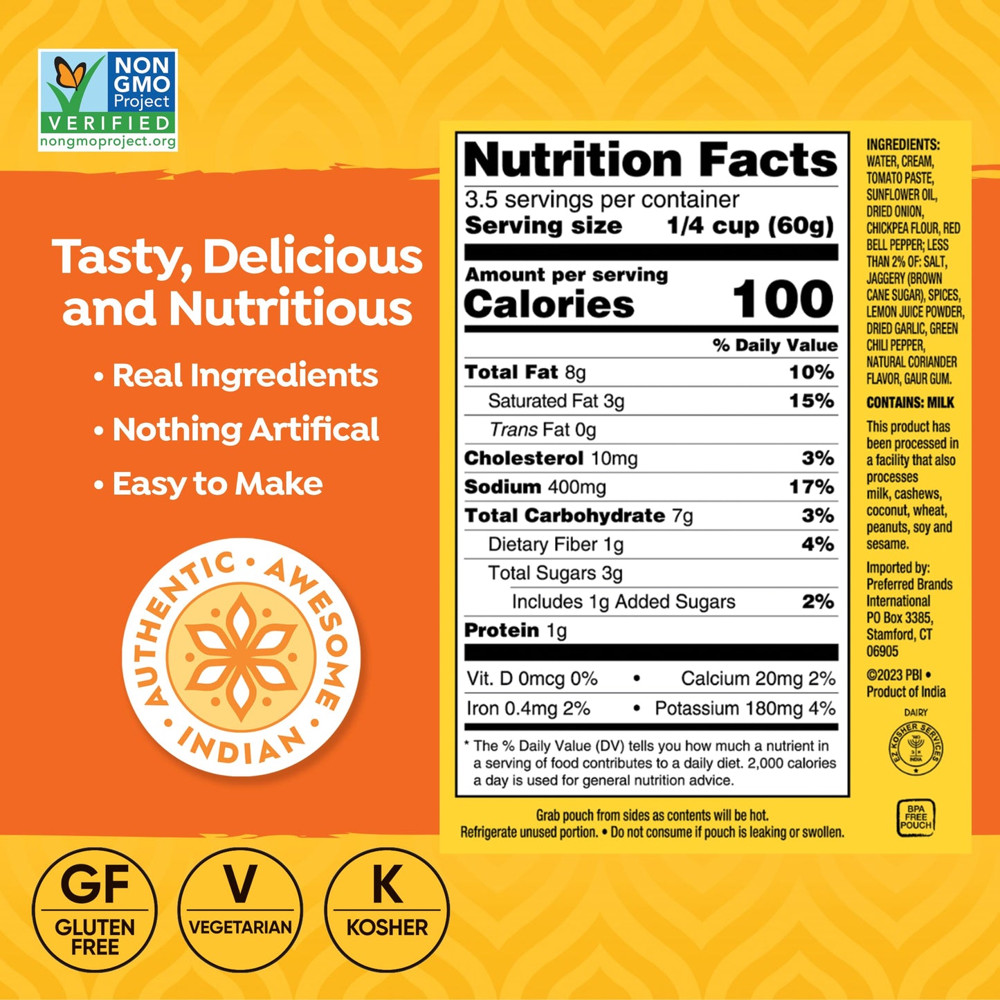 Tasty Bite Delhi Style Tikka Masala Simmer Sauce, 7-Ounce 5-Pack, 3-4 Servings Per Pouch, Vegetarian, Kosher, Non GMO