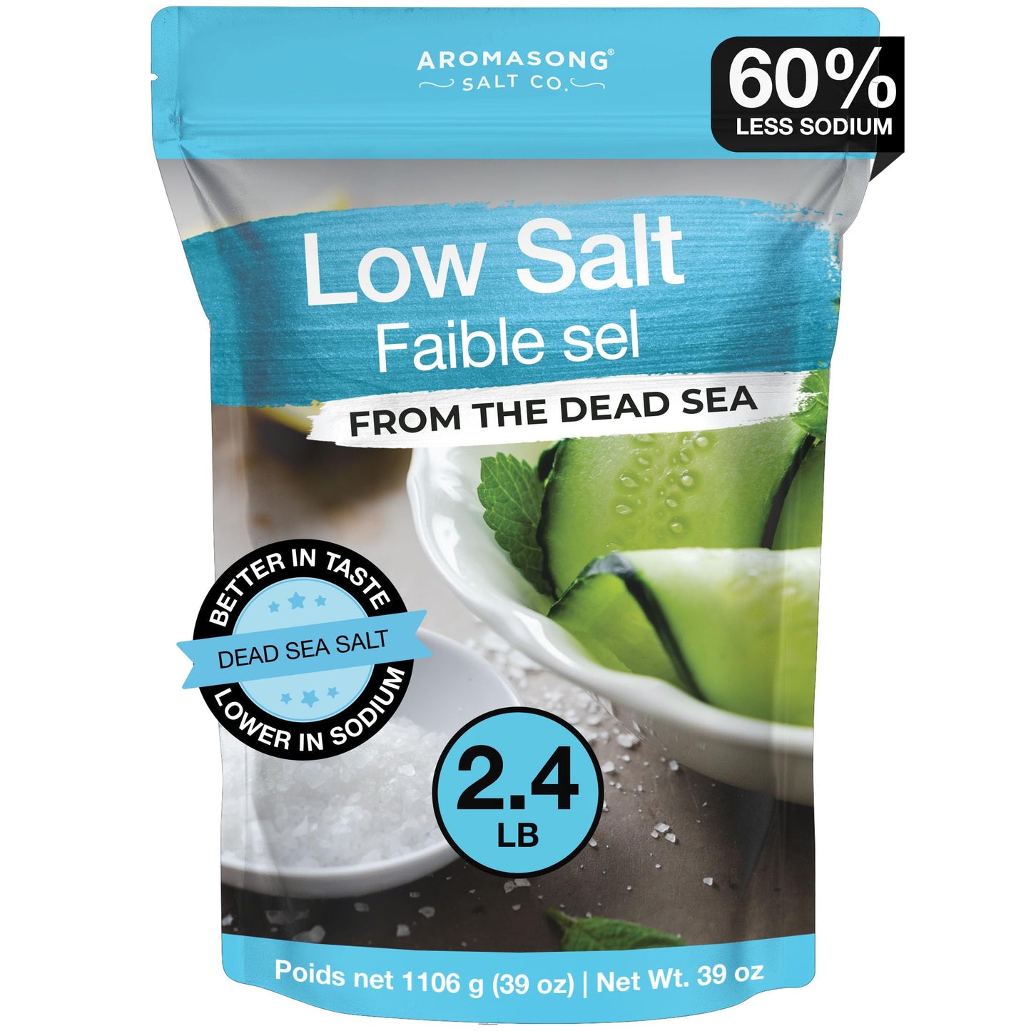 Aromasong Low Sodium Sea Salt, 100% Natural Fine Grain, 39 oz (1106 g)