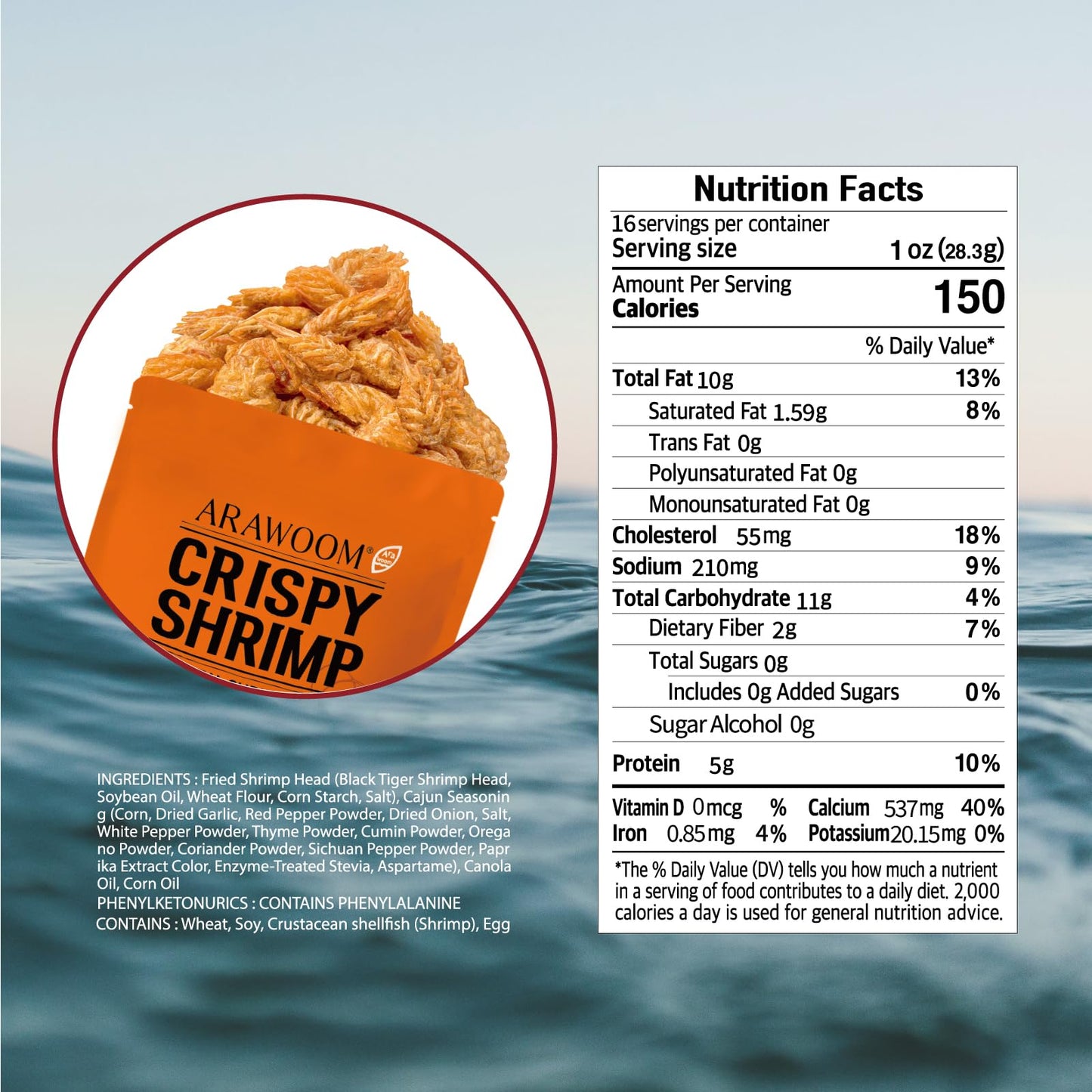 Arawoom - Real Crispy Shrimp Cheek Snack - 100% Real Black Tiger Shrimp - 16 Ounce (Pack Of 1) - Cajun Flavor - Crunchy Treat Fo