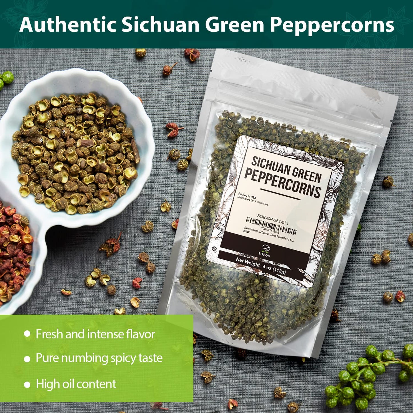 Soeos Green Peppercorns, 4oz(113g), Authentic Sichuan Green Peppercorns, Numbing and Tingle Effect, Less Seeds, Strong Flavor, E