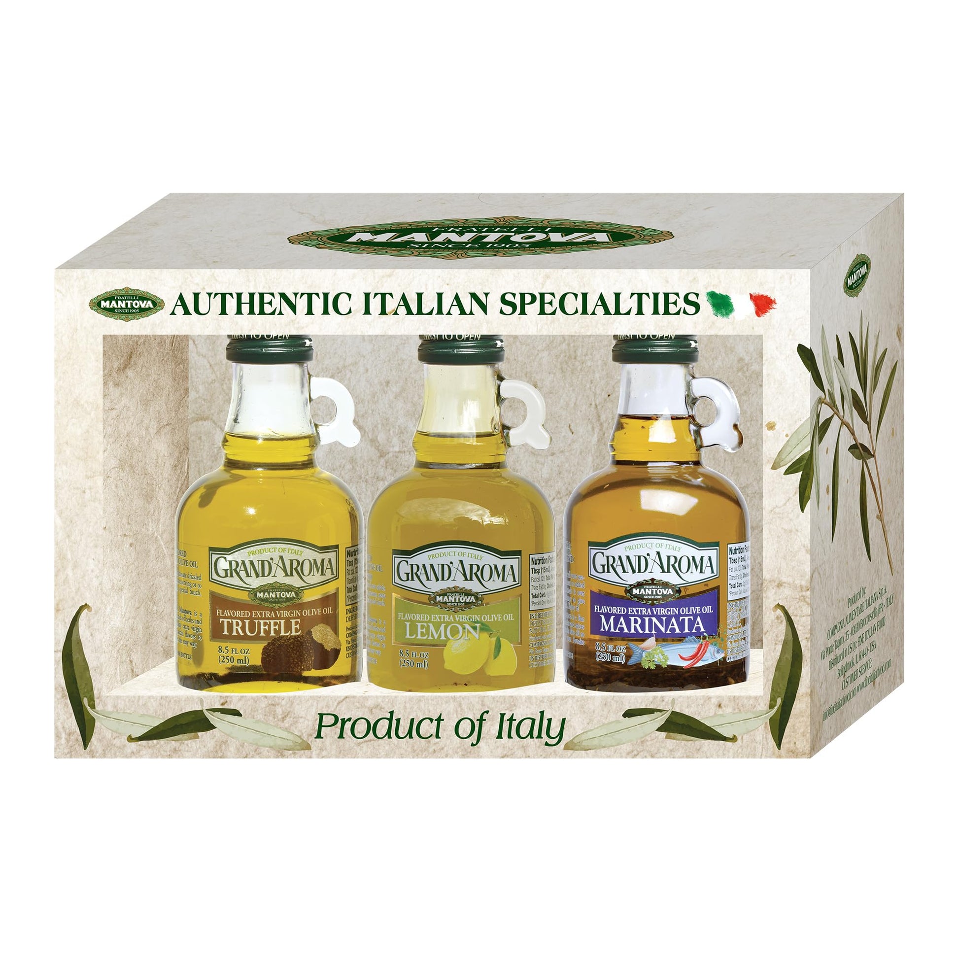 Mantova GrandAroma Extra Virgin Olive Oil Trio Variety Gift Set - Marinata, Zesty Sicilian Lemon, and Truffle Flavors (Pack of 