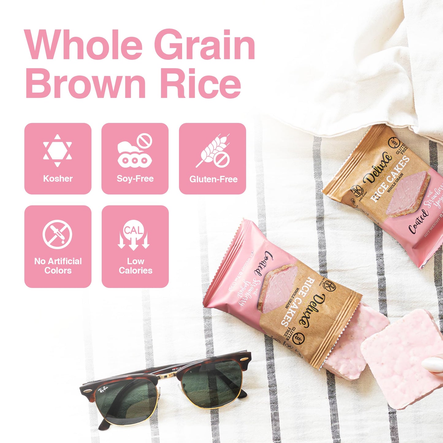 Deluxe & Bla Bla Rice Cakes 12 Pack - Whole Grain, Gluten-Free, Kosher, Low-Calorie Snack - Coated With Strawberry Yogurt - Heal