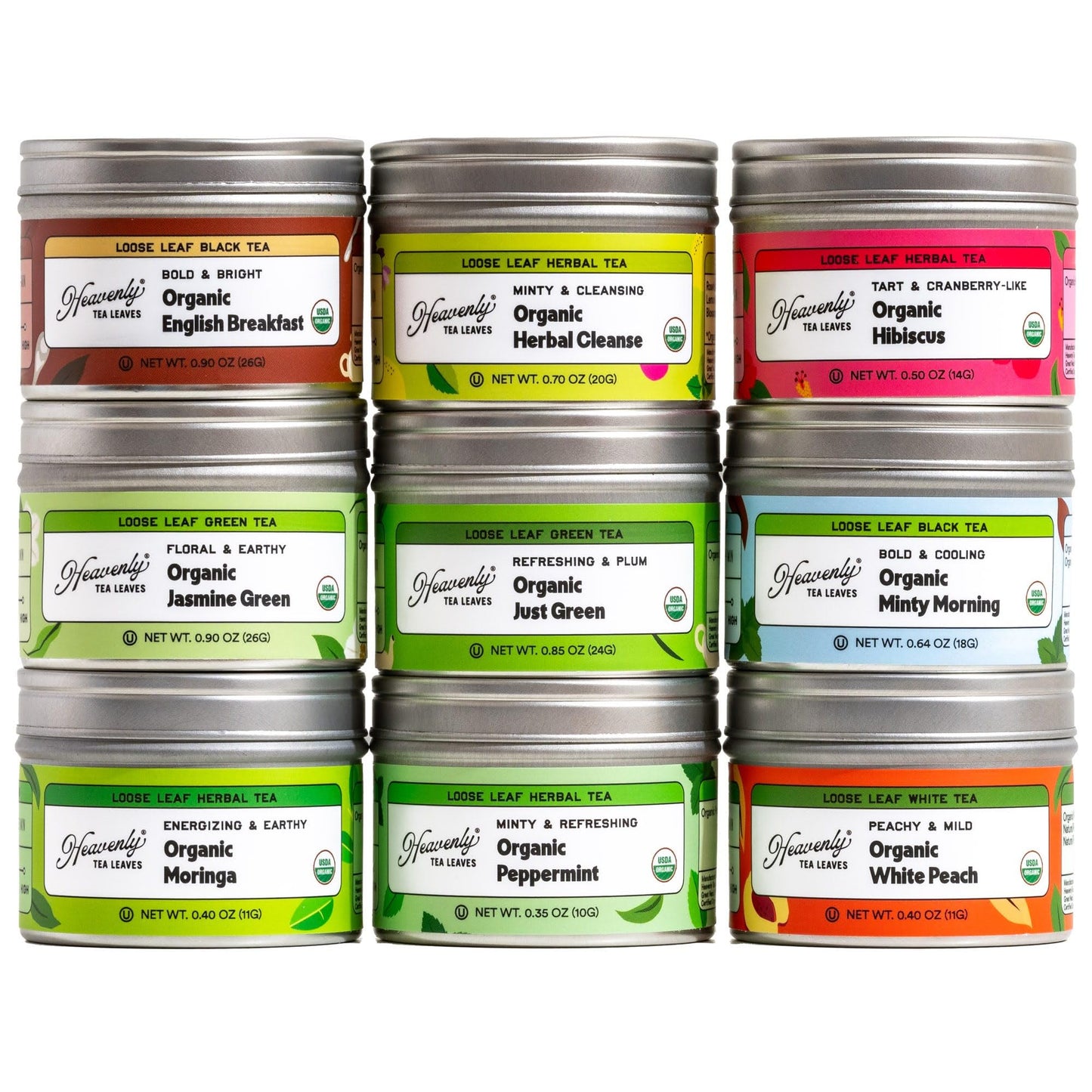 Heavenly Tea Leaves Loose Leaf Tea Sampler - 9 Flavor Variety Pack, 9 Piece Assortment, Green, Herbal, Black & White Teas