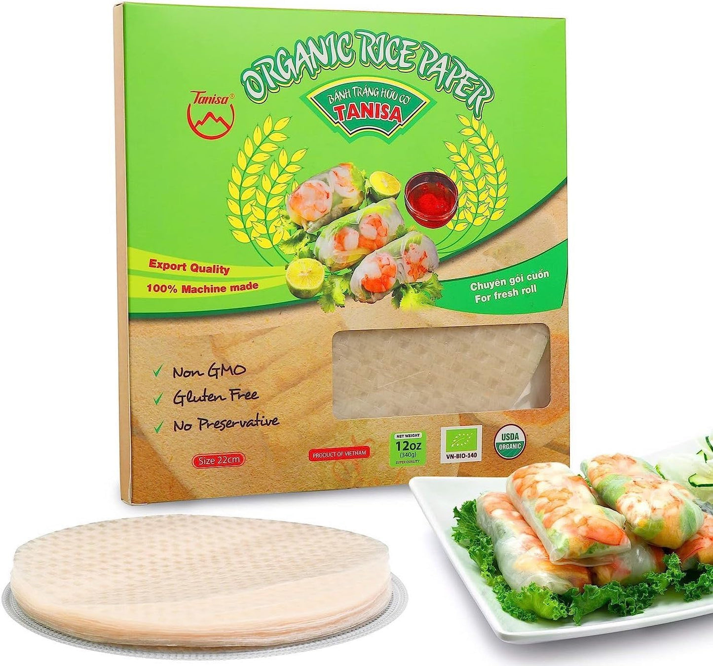 Tanisa Rice Paper, 38 Sheets Organic Rice Paper Wrappers, Low Carb Tortilla, Spring Roll Wrappers, Gluten Free Wraps (22Cm, 12 O