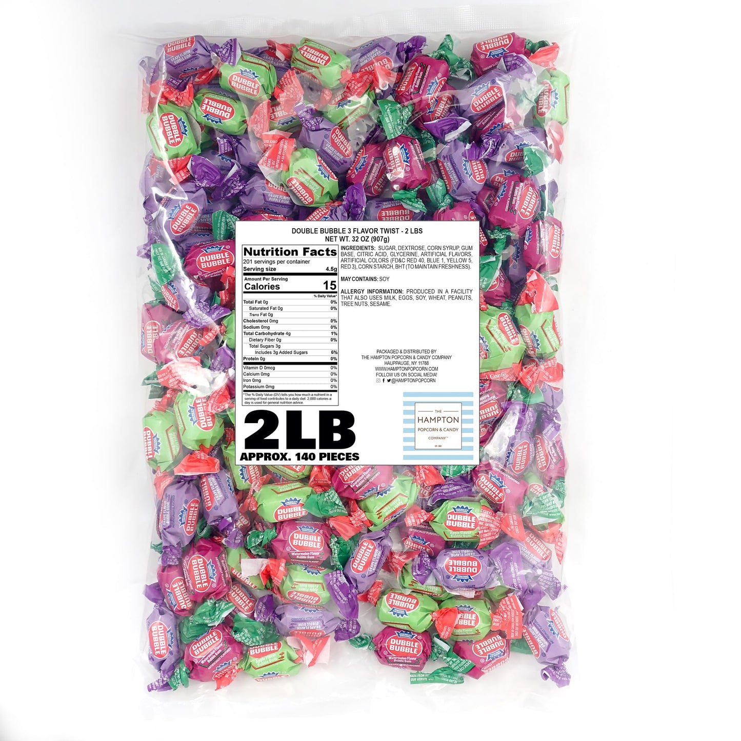 The Hampton Popcorn Company Double Assorted Fruit Flavored Bubble Gum - 5 lb Bulk Bag (Approx. 350 Pieces) - Individually Wrapped