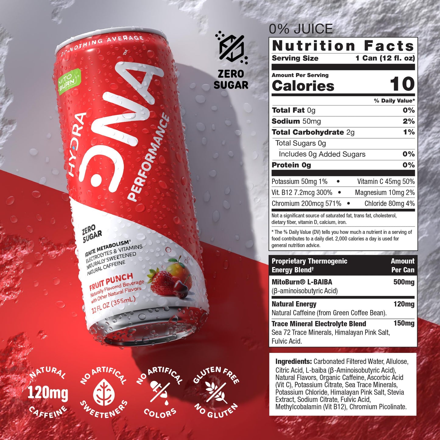 HYDRADNA Clean Performance Drink, Zero Sugar, 120 mg Organic Caffeine, Fruit Punch, 12 Fl Oz (Pack of 12)