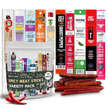 Spicy Meat Sticks Variety Pack (10 Count), Spicy Beef Jerky Gifts For Men, Hot Beef Jerky Gift Basket, Chili Stick High Protein