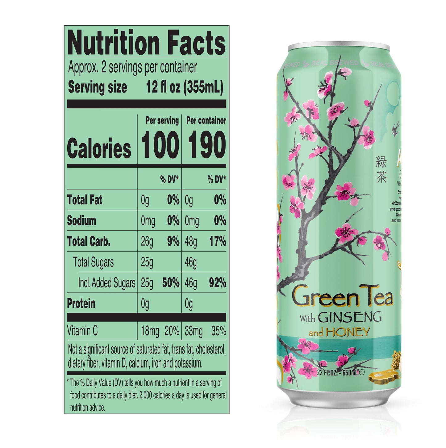 Arizona Green Tea with Ginseng and Honey - 22 Fl Oz (Pack of 24) - Big Can, Green Tea