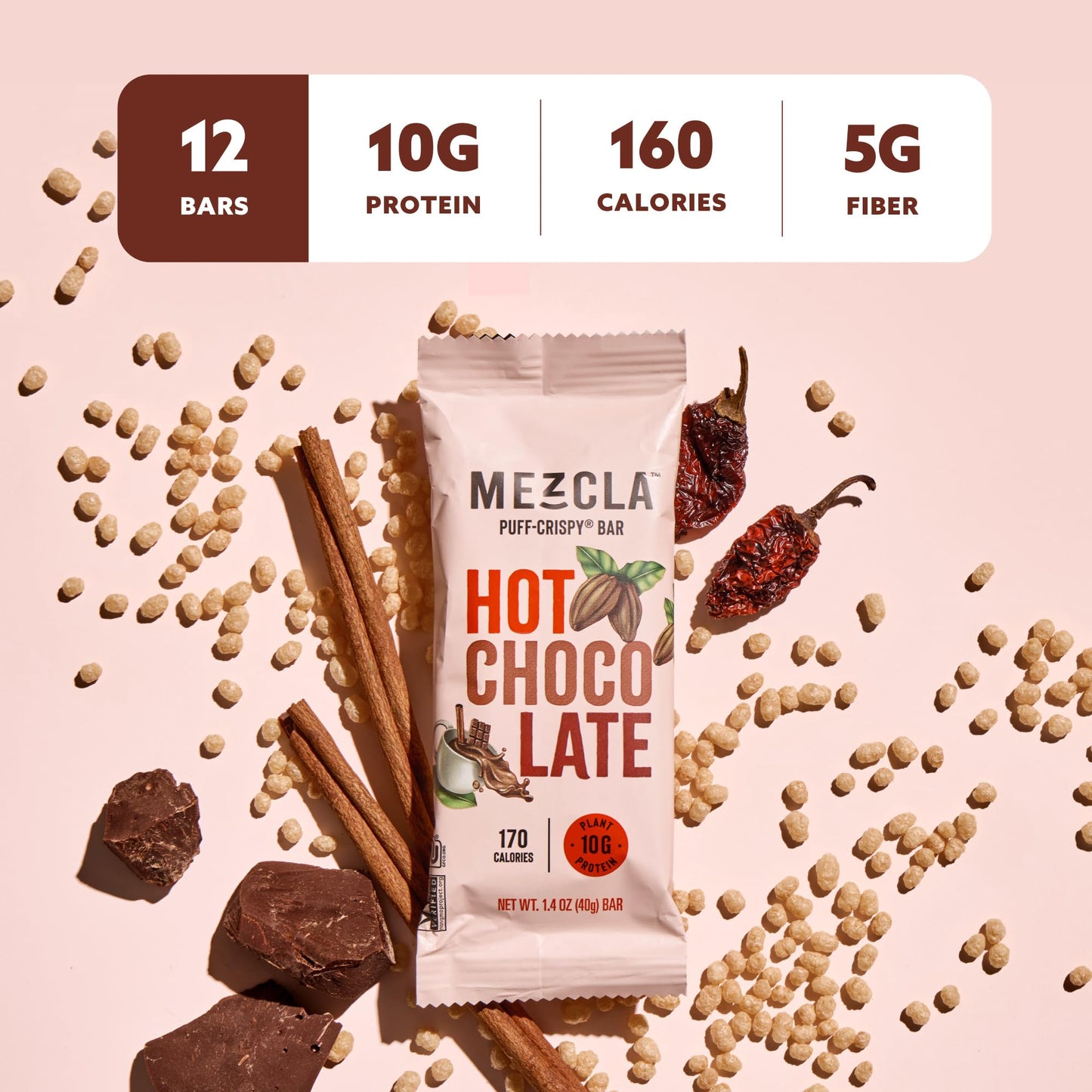 Mezcla Puff Crispy Protein Bars, Gluten Free & Vegan Protein Bars, 10G Protein, Alt For Crispy Rice Treat, Granola Bars & Breakfast Bars, Healthy Snacks For Mature-Themeds, Hot Chocolate, 12 Pack