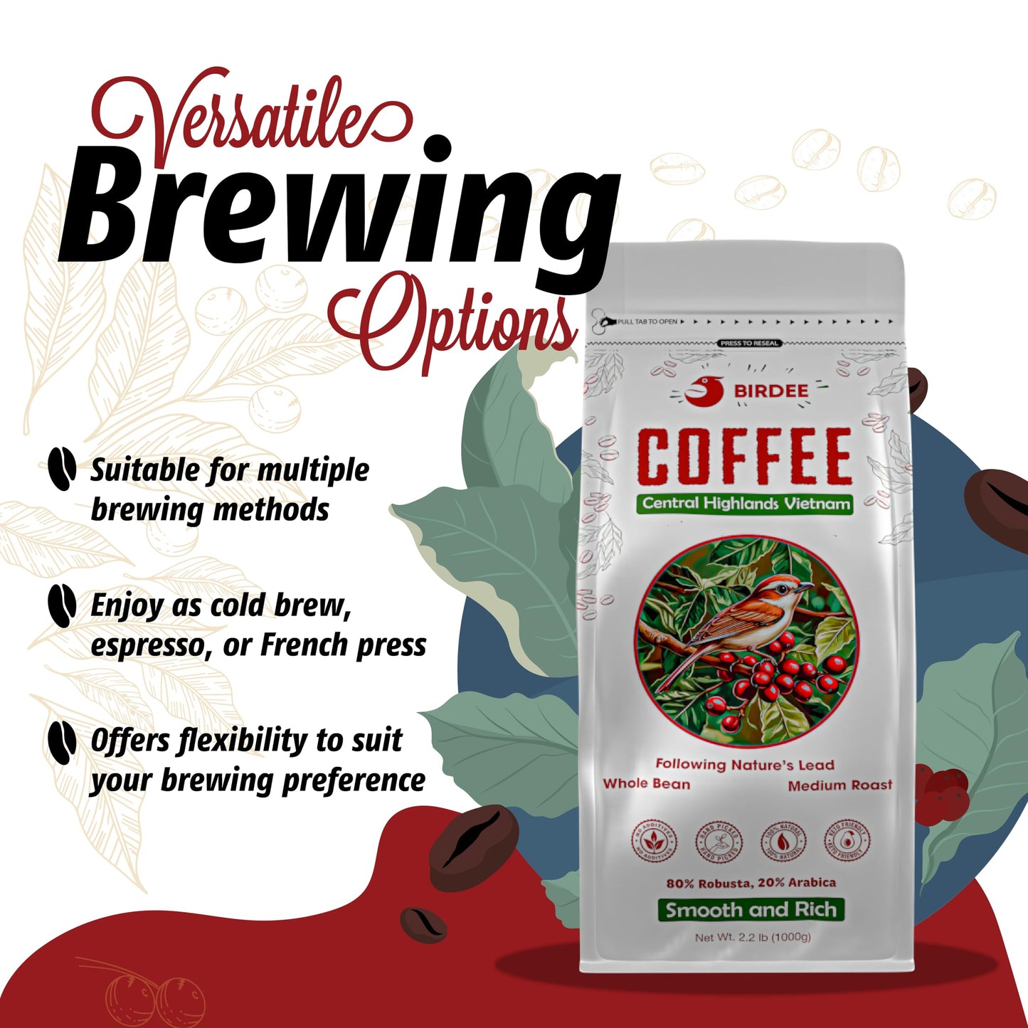 Birdee Vietnamese Coffee Beans - Medium Roast Robusta Arabica Blend, 2.2 LB, Whole Bean, Low Acidity, Fresh Resealable Bag
