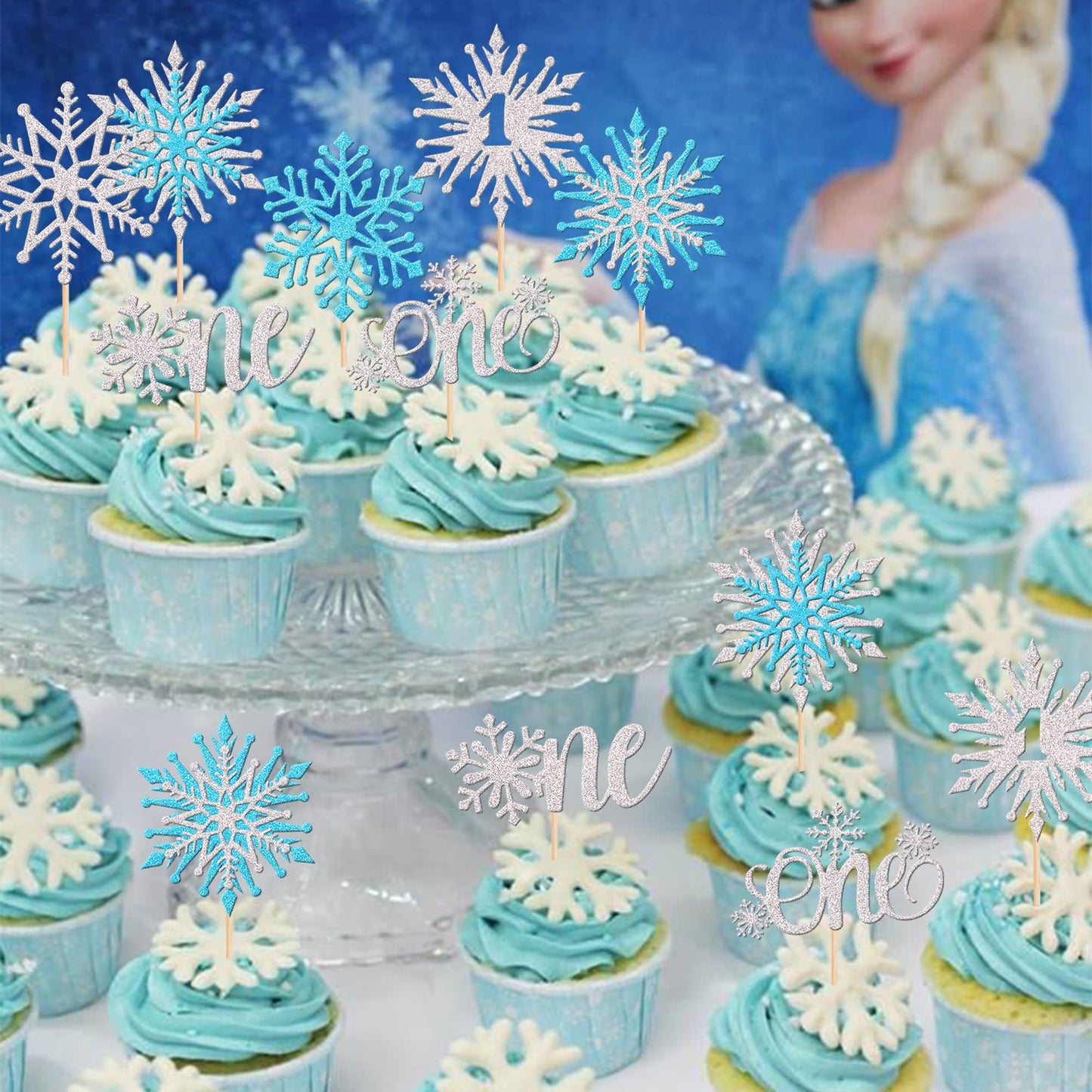 28 Pcs One Snowflake Cupcake Toppers Glitter Winter Snowflake 1St Birthday Cupcake Picks First Birthday Snowflake Cake Decoratio